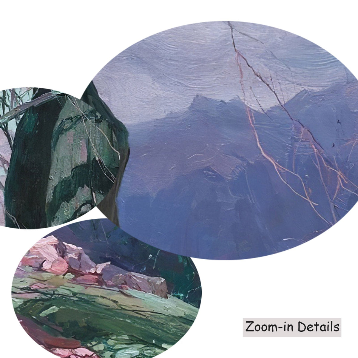 Stepan Kolesnikoff — Close-up detail of the brushwork on Weathered Tree on a Mountain Ridge, a large green and pink…