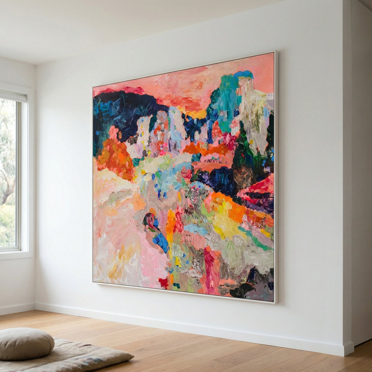 Far from Home Abstract Landscape canvas wall art framed and hung on a wall, 100 × 100 cm, by Summer Jiang
