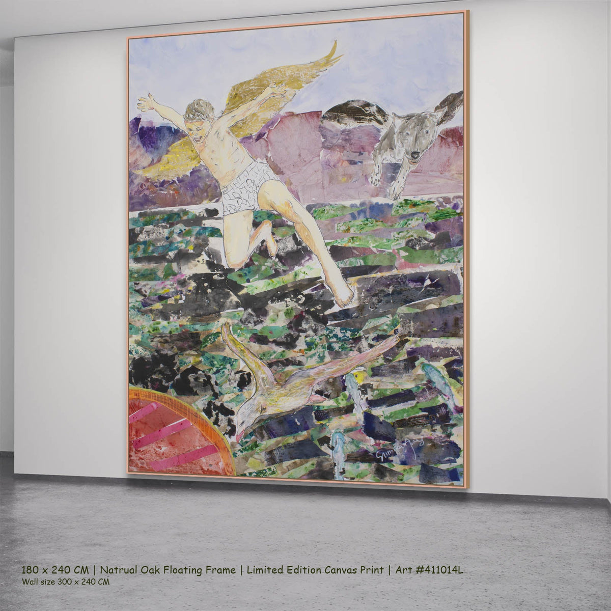 Summer Jiang — Leap of the Wild Heart Abstract canvas wall art in a natural oak floating frame, 180 × 240 cm