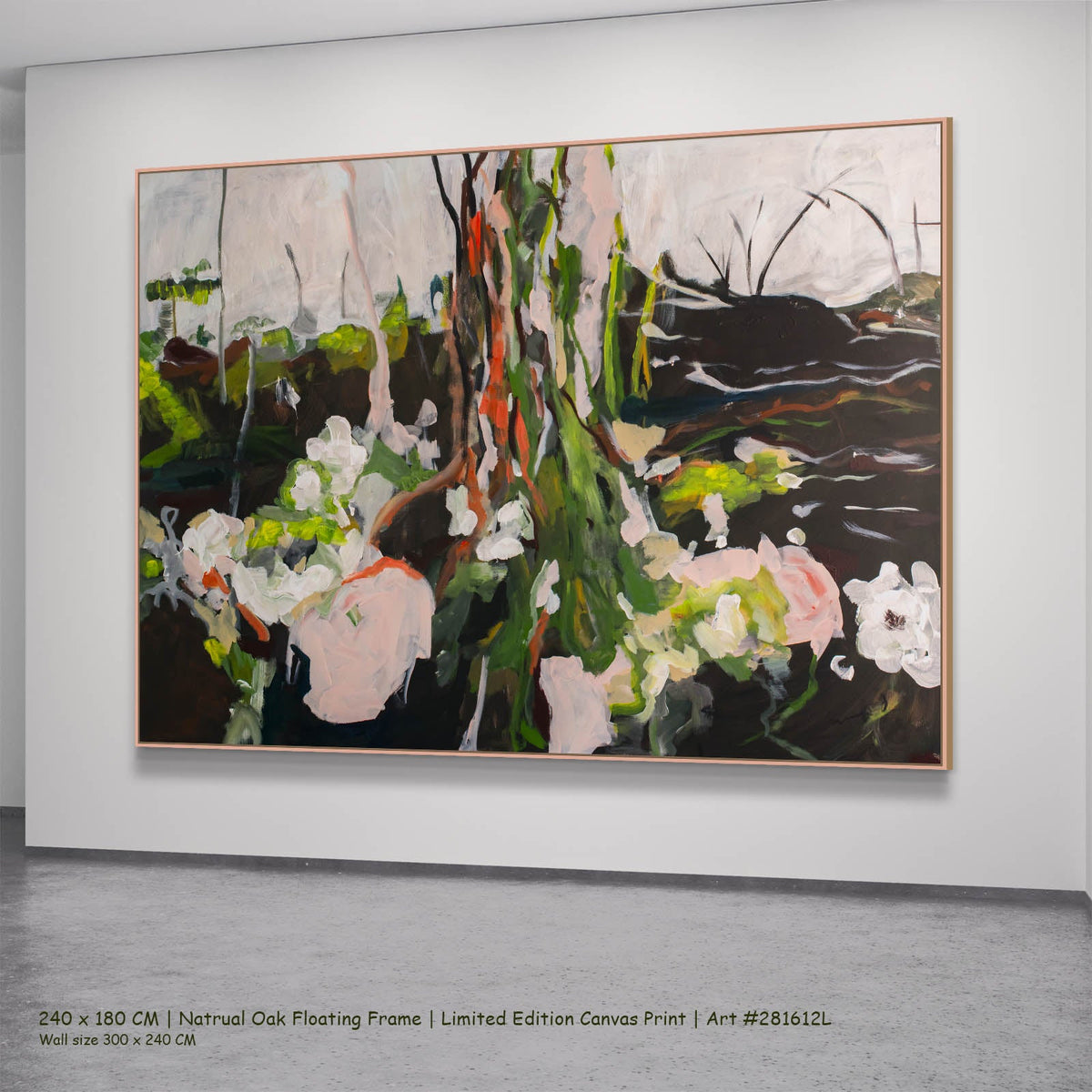 Summer Jiang — Rooted Presence Abstract canvas wall art in a natural oak floating frame, 240 × 180 cm