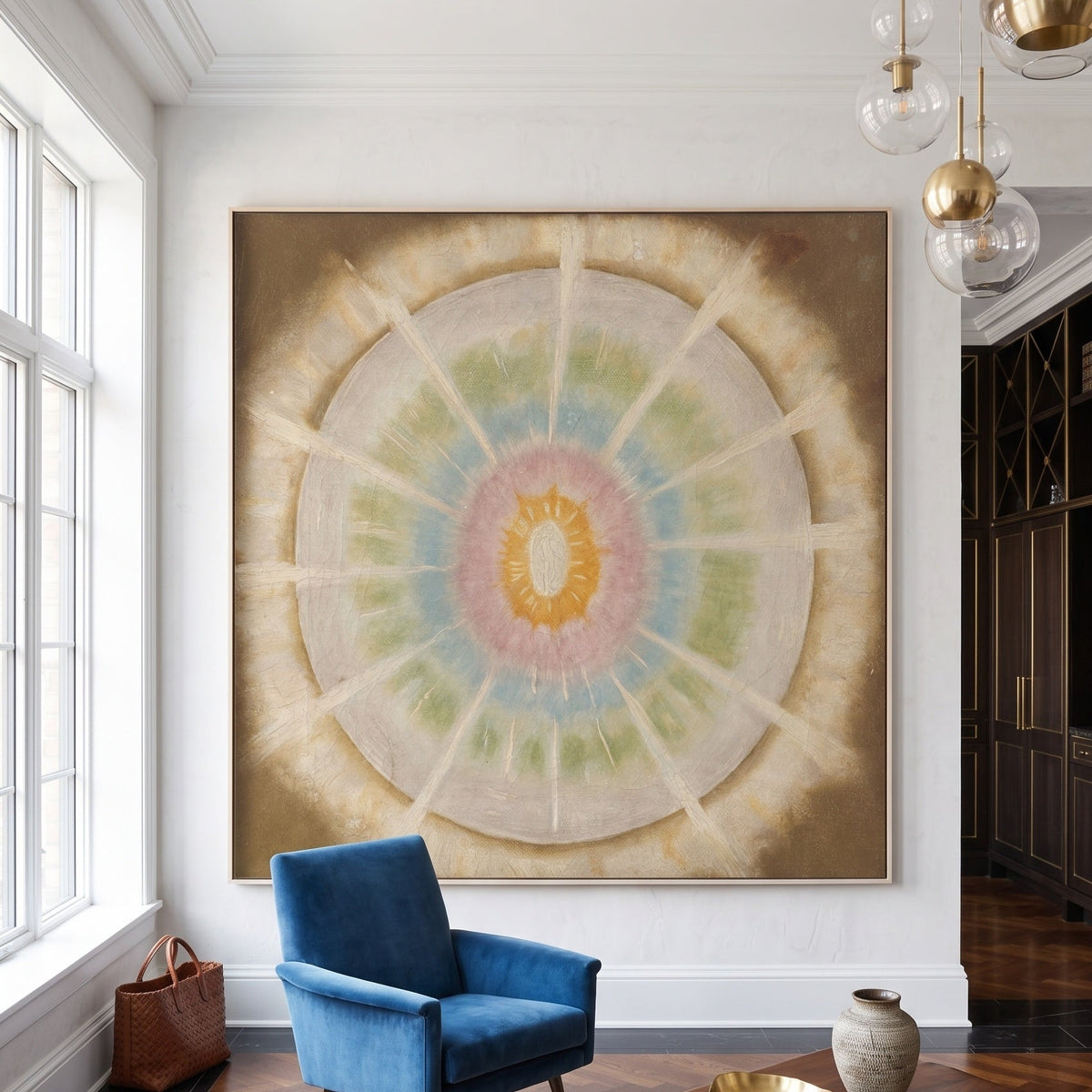 Het oorzakelijke lichaam van den adept by Theo van Doesburg — large gold and brown Symbolist canvas art on a hallway wall