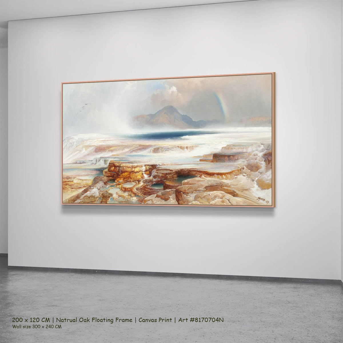 Thomas Moran — Hot Springs of the Yellowstone Landscape canvas wall art in a natural oak floating frame, 200 × 120 cm