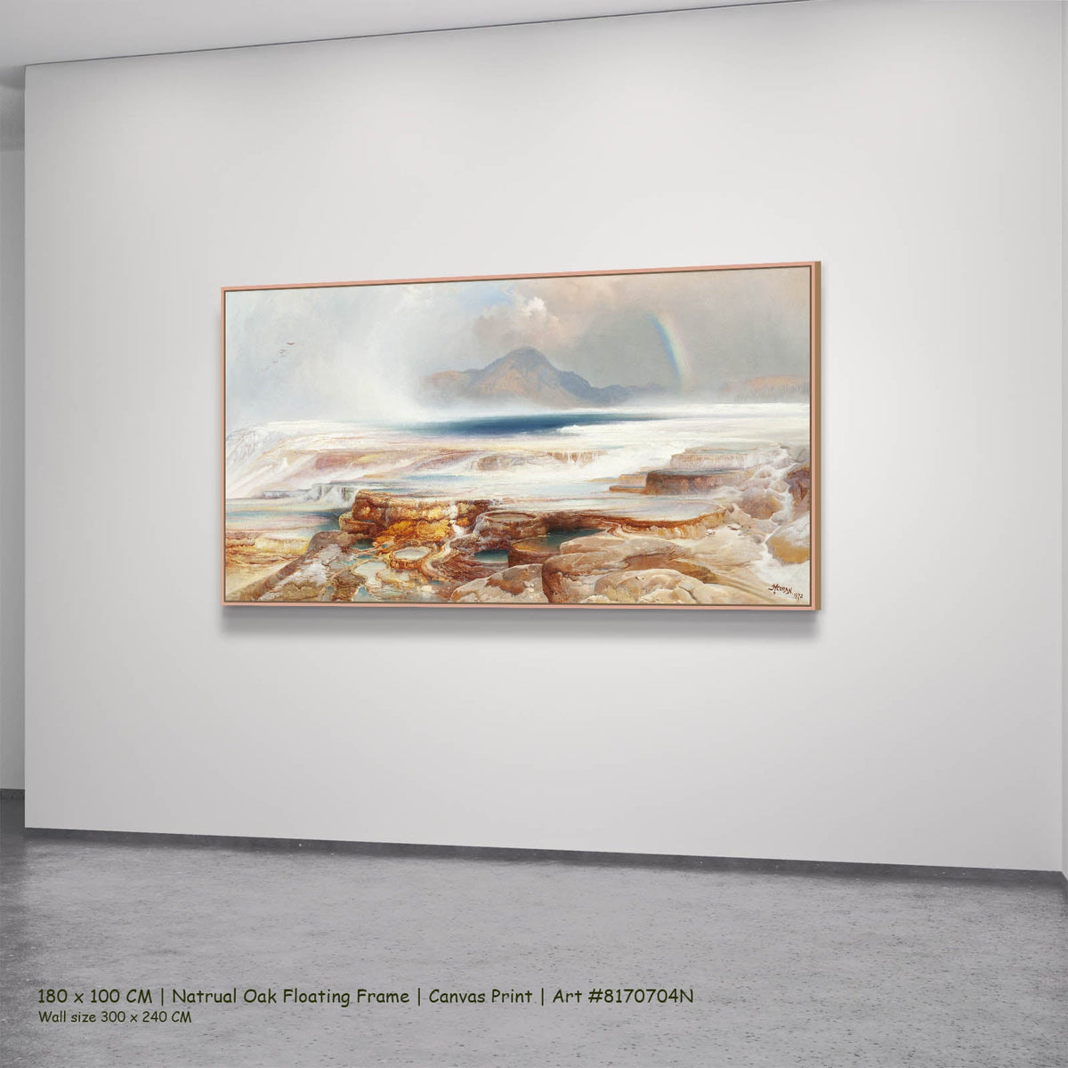 Thomas Moran — Hot Springs of the Yellowstone Landscape canvas wall art in a natural oak floating frame, 180 × 100 cm