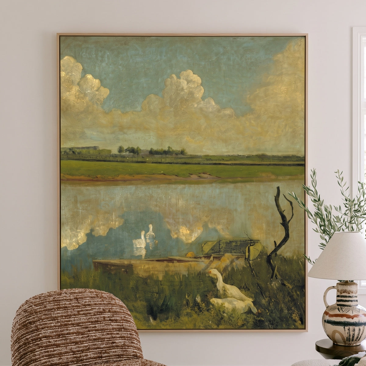 Geese on the Leie by Valerius de Saedeleer — large green and yellow Landscape canvas art on a living room wall