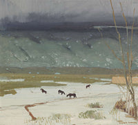 Large green and grey Landscape canvas print of Grazing Horses in Melting Snow by Victor Higgins