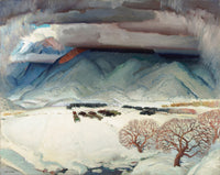Large blue and grey Landscape canvas print of Winter Funeral by Victor Higgins
