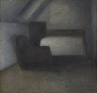 Large brown and grey Symbolist canvas print of Attic Room with a Table and by Vilhelm Hammershoi