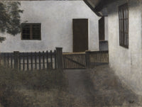 Large brown and olive Symbolist canvas print of Husgavle. Frederiksværk. Sommer. by Vilhelm Hammershoi