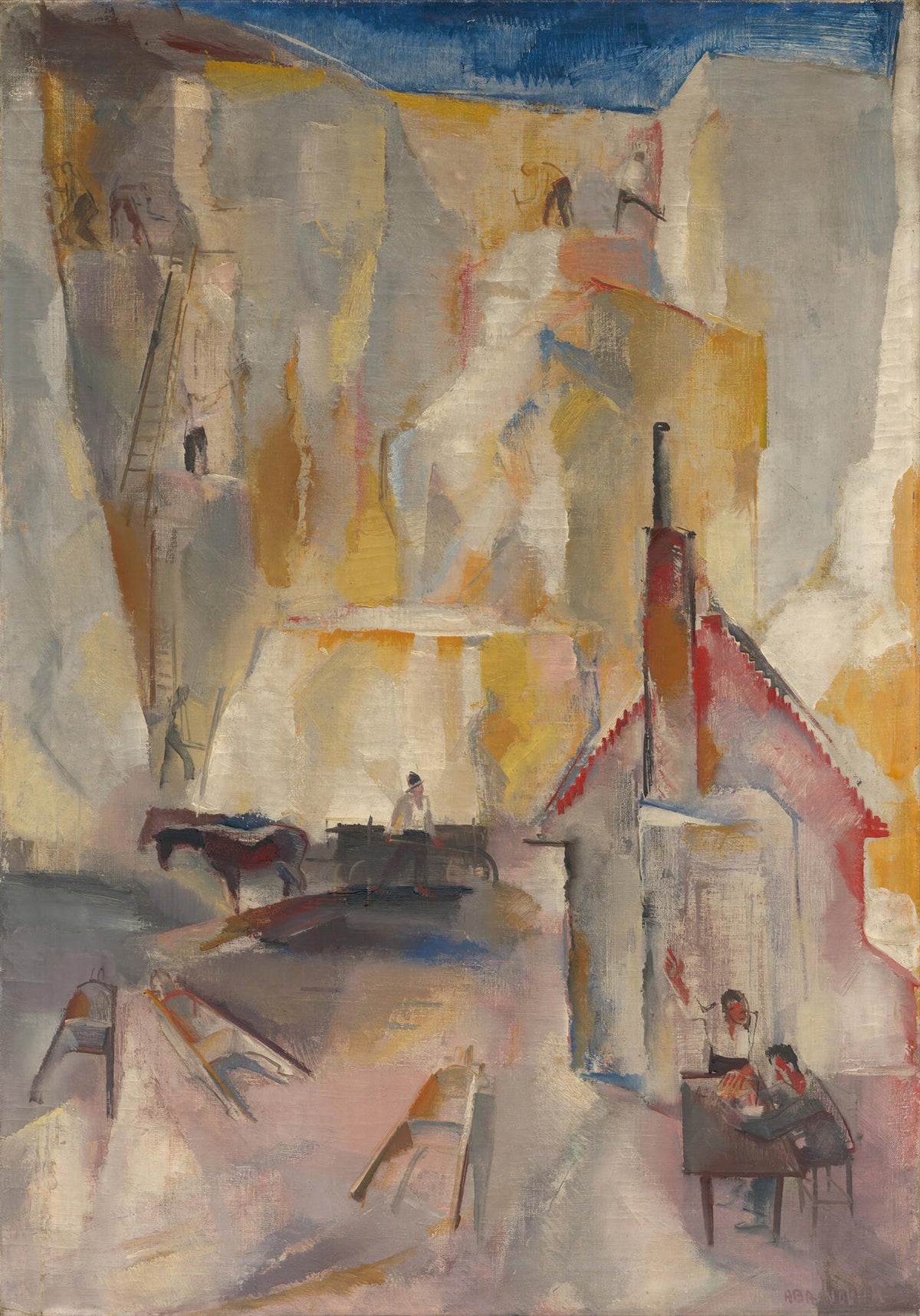Large gold and pink Modernist canvas print of Quarry by Vilmos Aba-Novák