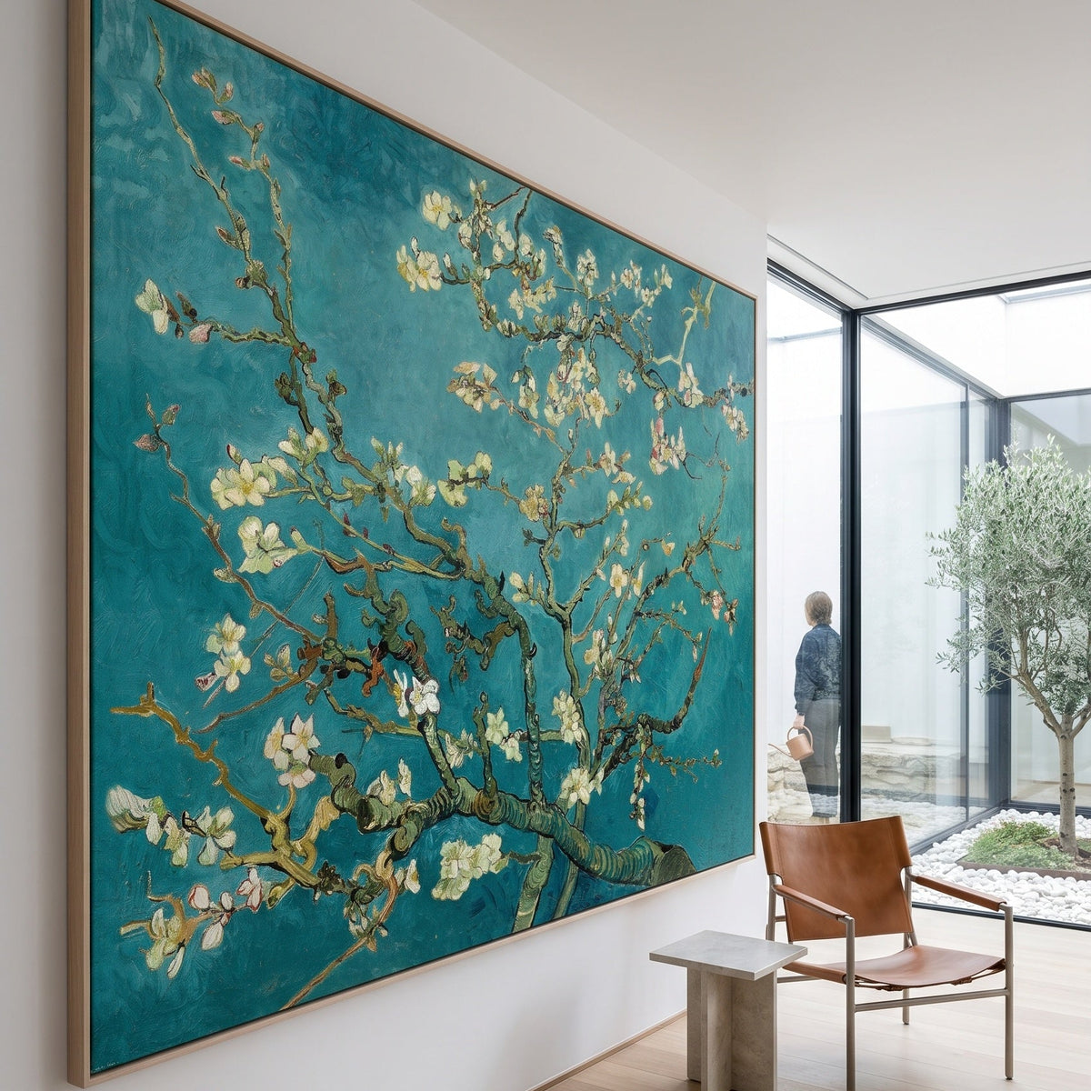 Almond Blossom by Vincent van Gogh — large aqua and white Impressionist canvas art on a entryway wall