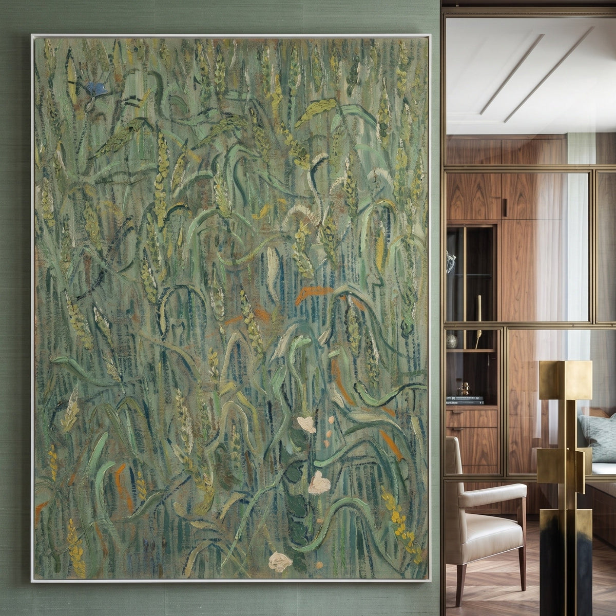 Ears of Wheat by Vincent van Gogh — large green Impressionist canvas art on a entryway wall