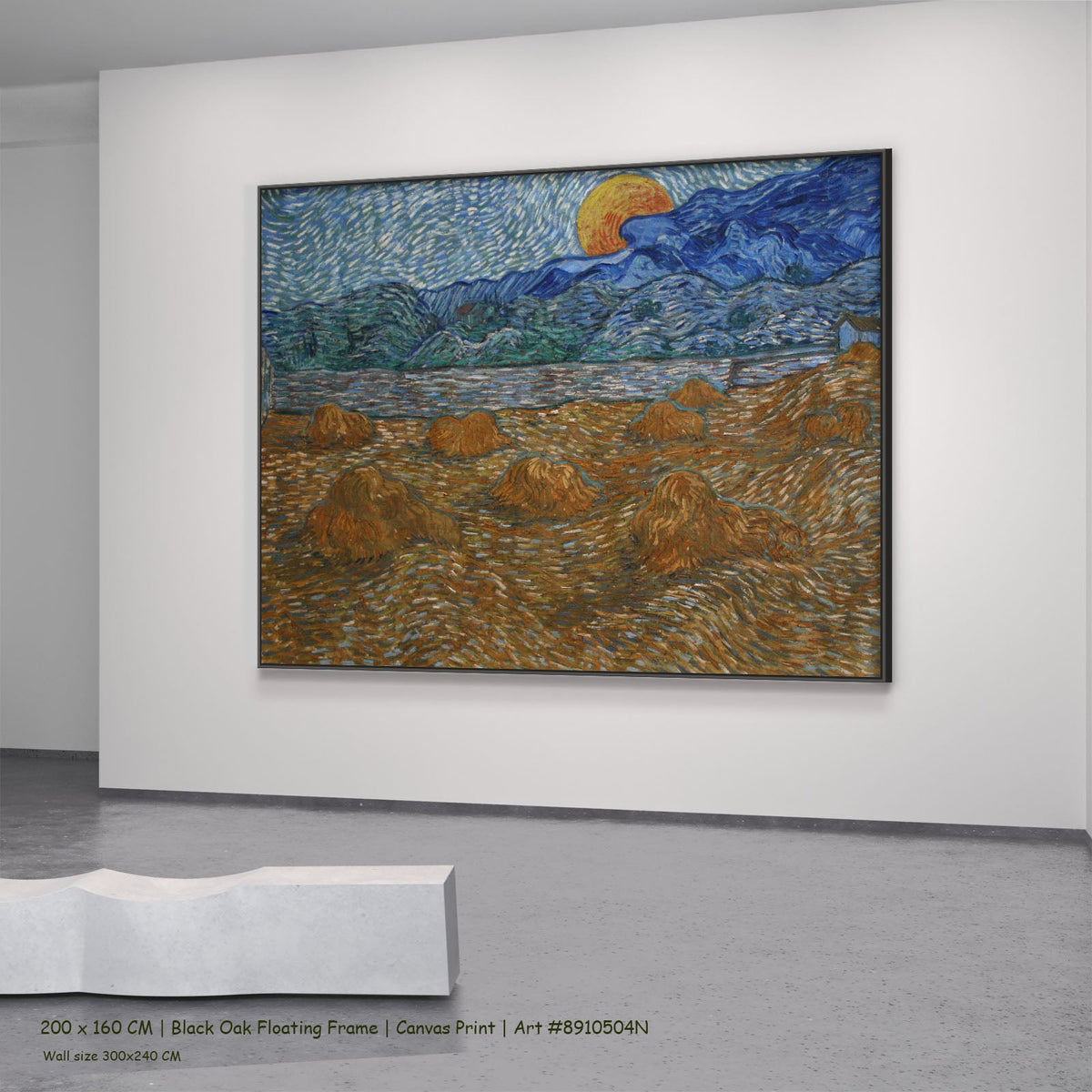 Landscape with Wheat Sheaves and Rising by Vincent van Gogh in a black oak floating frame, large blue and gold Impressionist