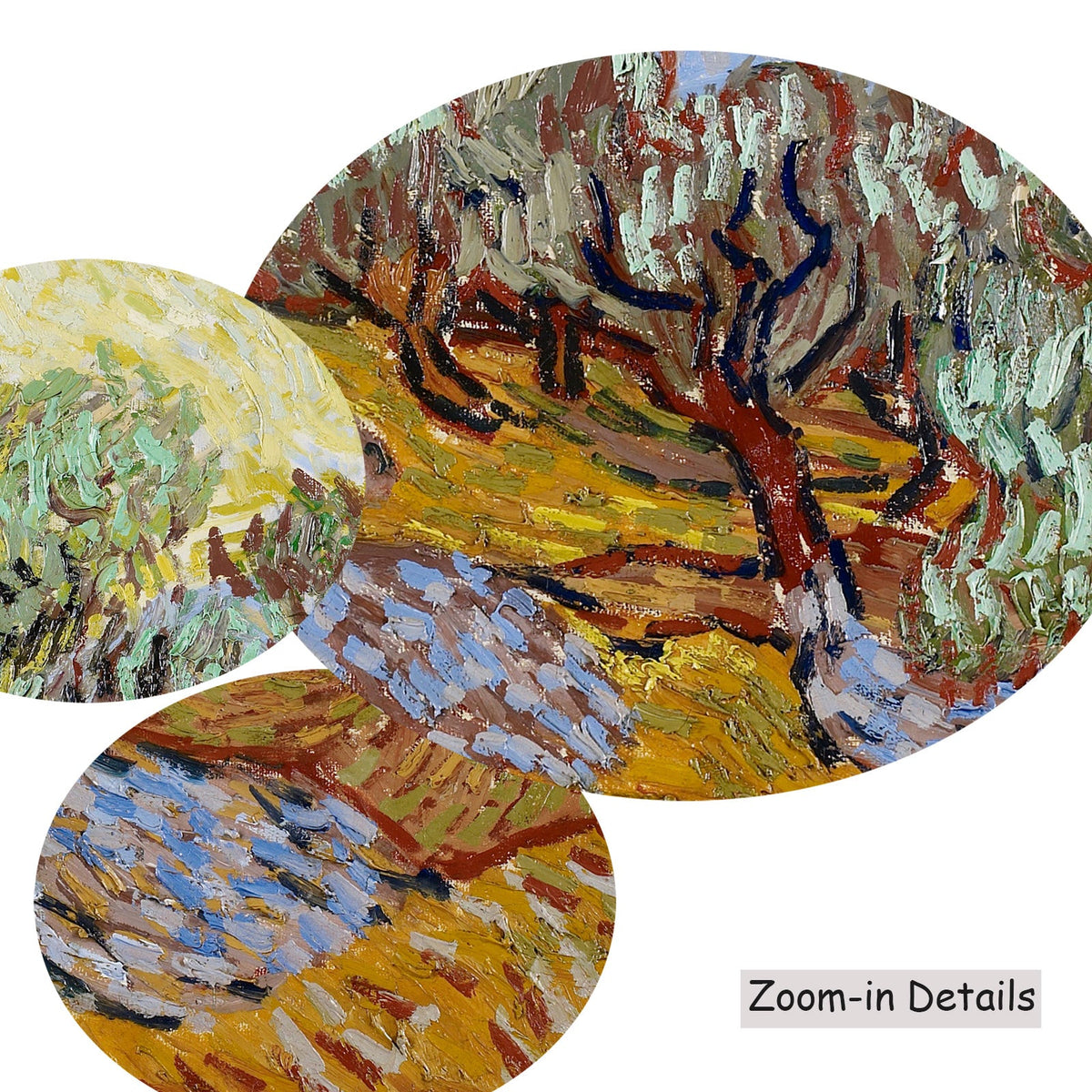 Vincent van Gogh — Close-up detail of the brushwork on Olive Trees with Yellow Sky and, a large yellow and orange…