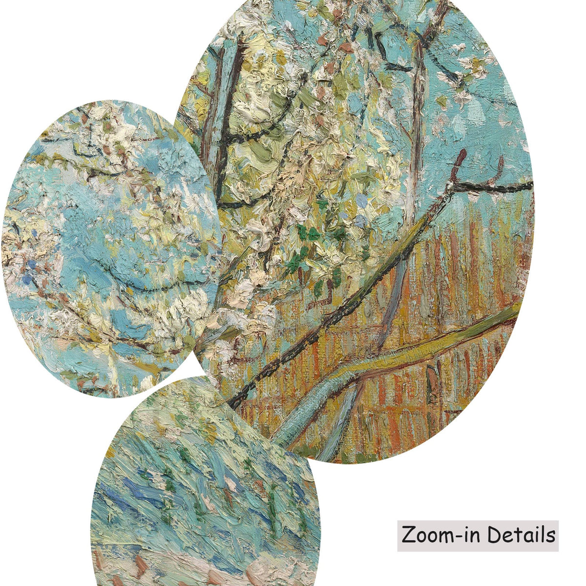 Vincent van Gogh — Close-up detail of the brushwork on The Pink Peach Tree, a large light blue and green Impressionist…