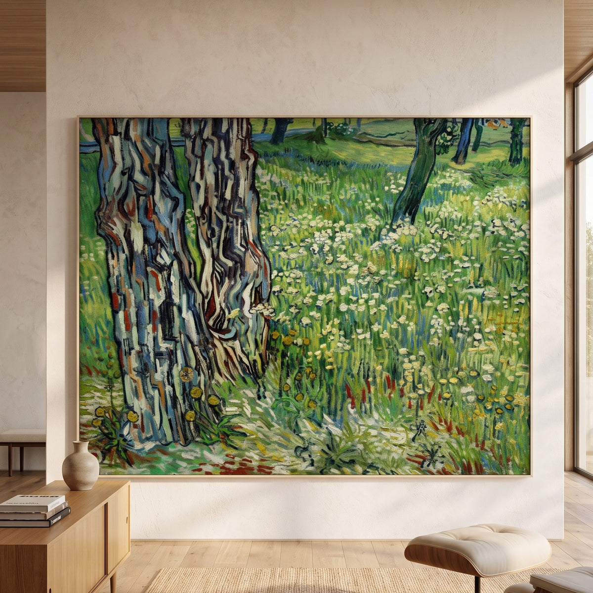 Tree Trunks in the Grass by Vincent van Gogh — large green and grey Impressionist canvas art displayed on a wall