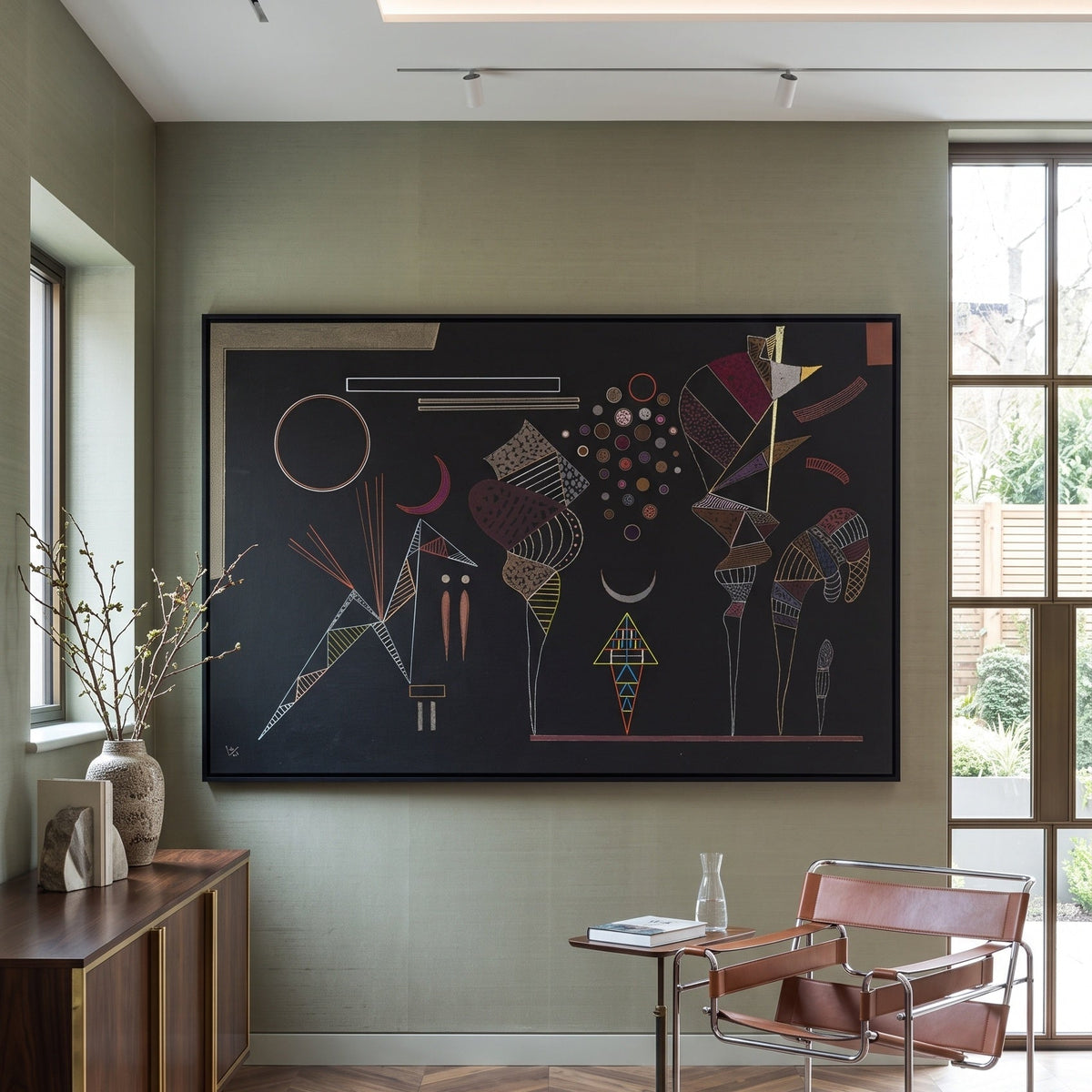 Abstract Composition on Black by Wassily Kandinsky — large brown and black Colourful Abstract canvas art on a entryway wall