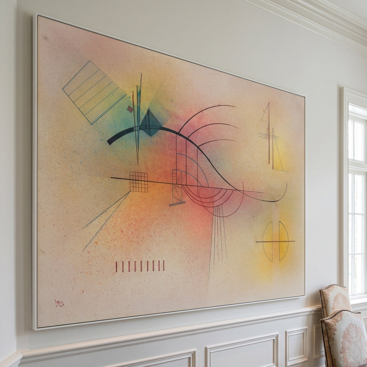 Abstract Composition with Black Arc by Wassily Kandinsky — large yellow and white Geometric Abstract canvas art on a hallway