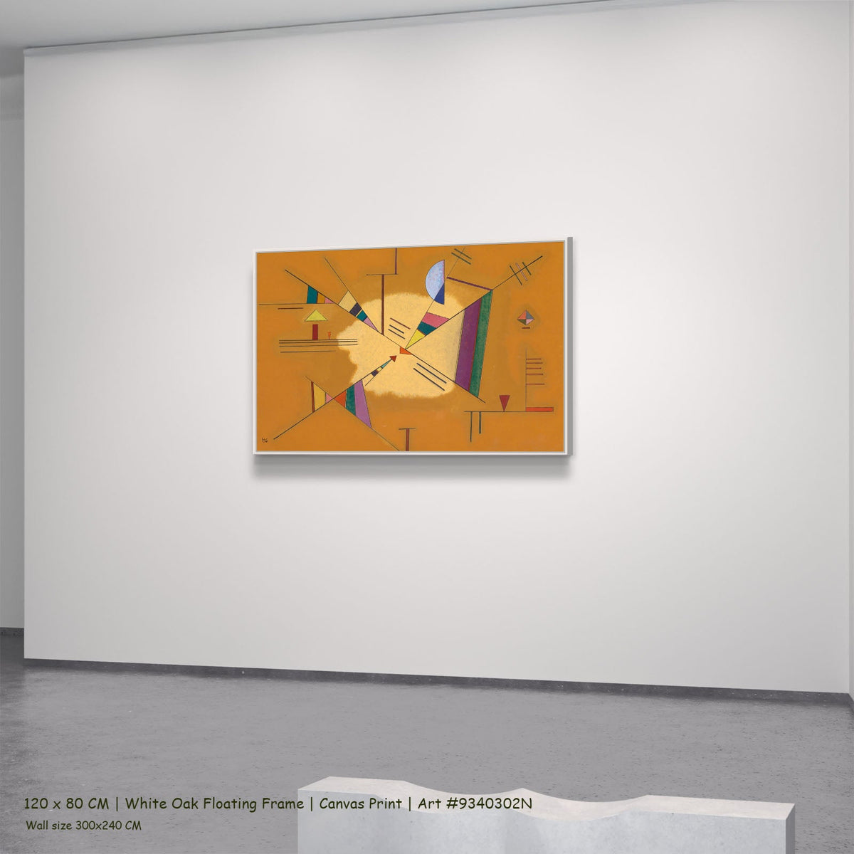 Abstract Composition on Orange by Wassily Kandinsky in a white oak floating frame, large orange and white Geometric Abstract