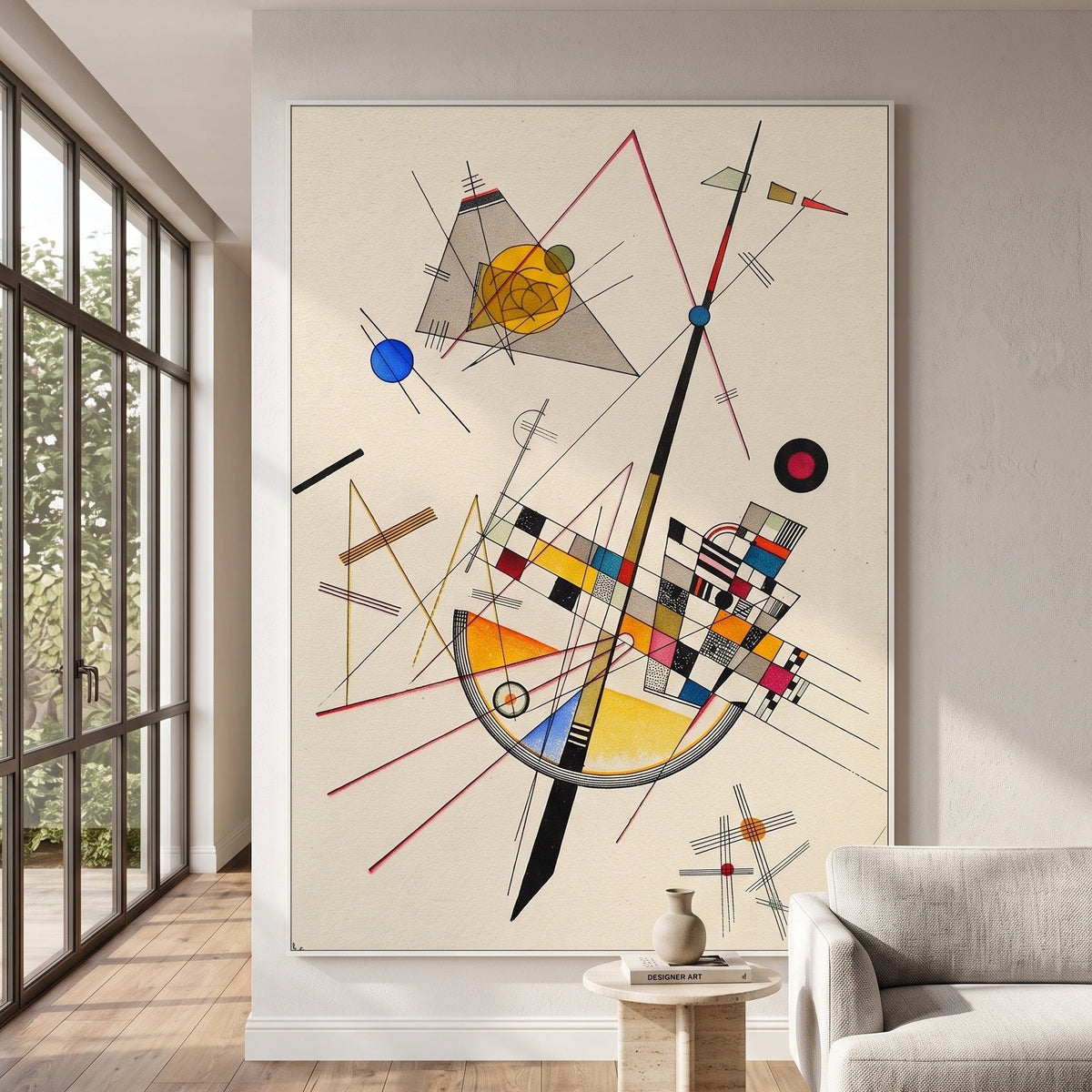 Delicate Tension by Wassily Kandinsky — large white and grey Geometric Abstract canvas art on a hallway wall