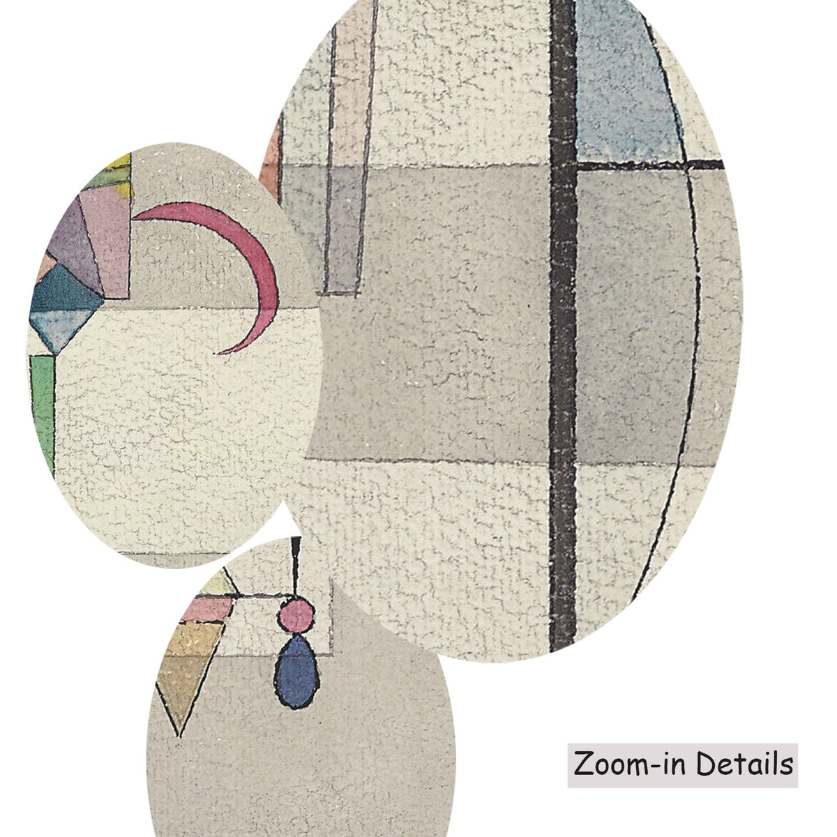 Wassily Kandinsky — Close-up detail of the brushwork on Vertical Axis with Pastel Forms, a large white and grey Modern…
