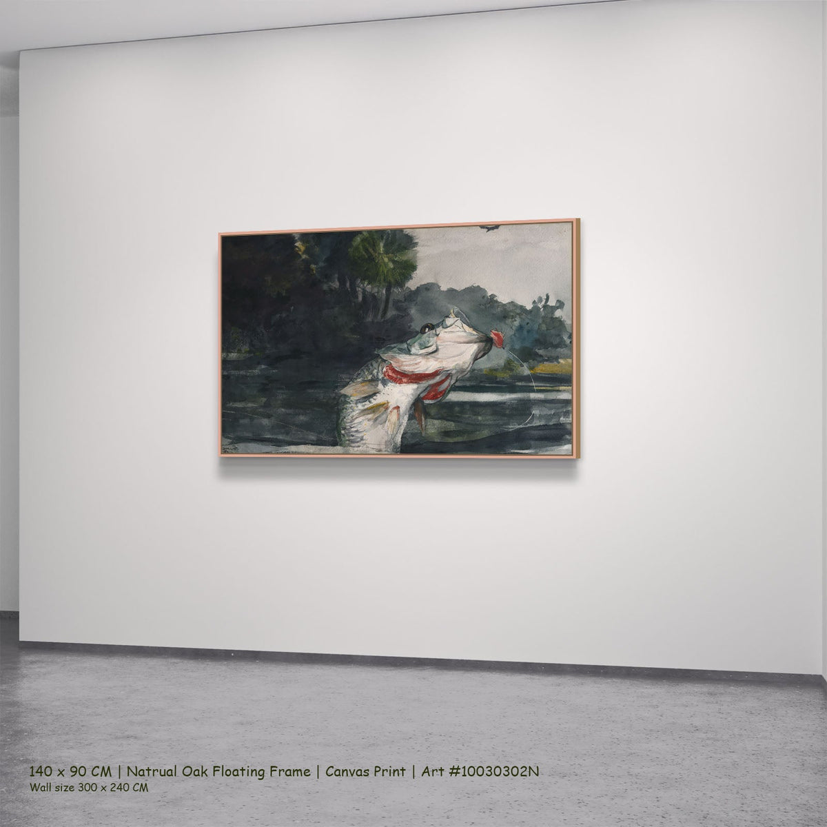 Life-Size Black Bass by Winslow Homer in a natural oak floating frame, large green and black Fish canvas