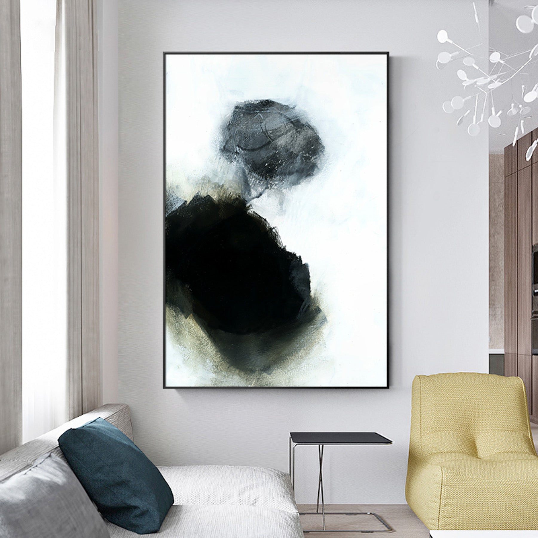 Contemporary abstract art in set | Black White Geometric | Mix media #650