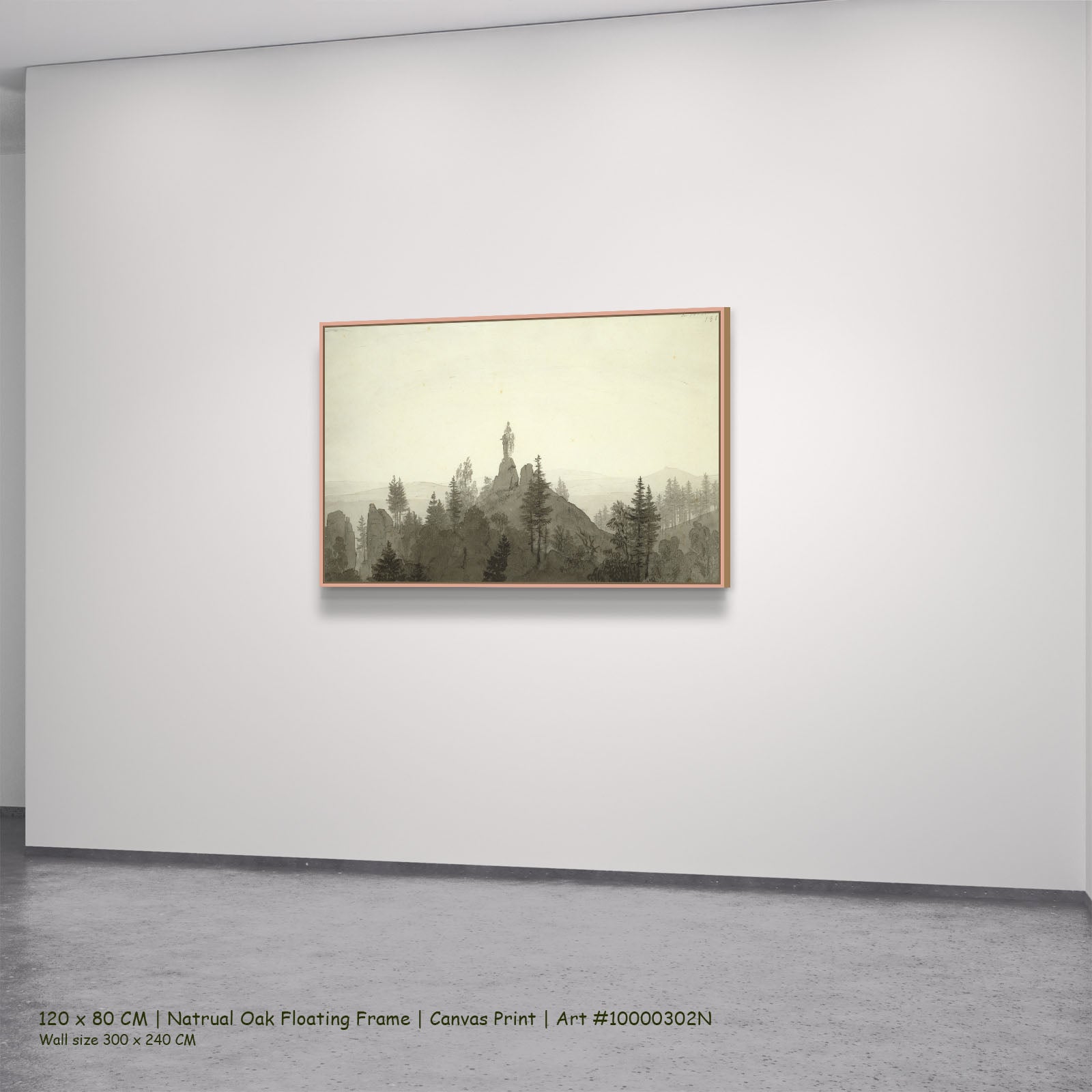 Statue of the Madonna in the by Caspar David Friedrich in a natural oak floating frame, large brown and white Landscape canva