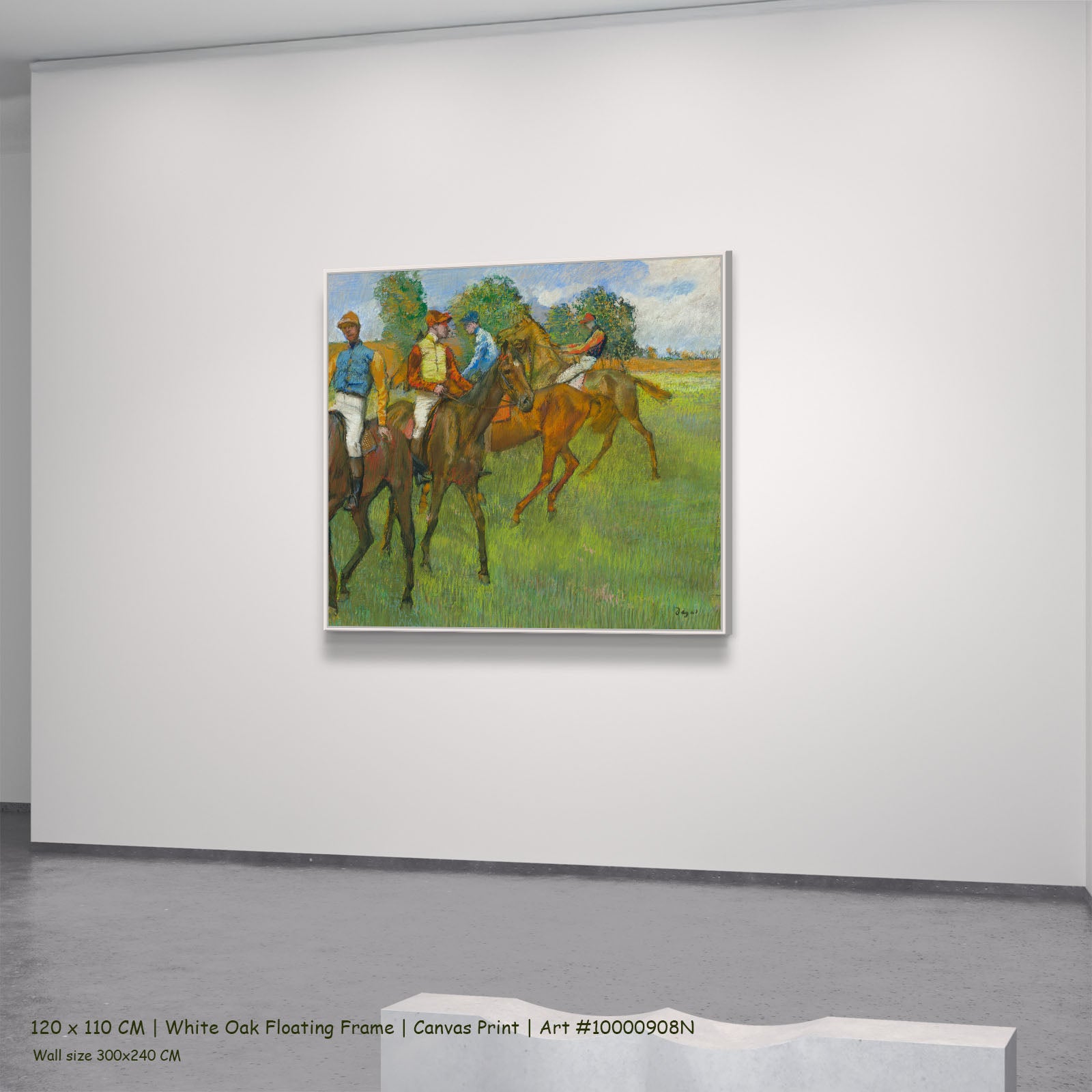 Before the Race by Edgar Degas in a white oak floating frame, large green and brown Impressionist canvas