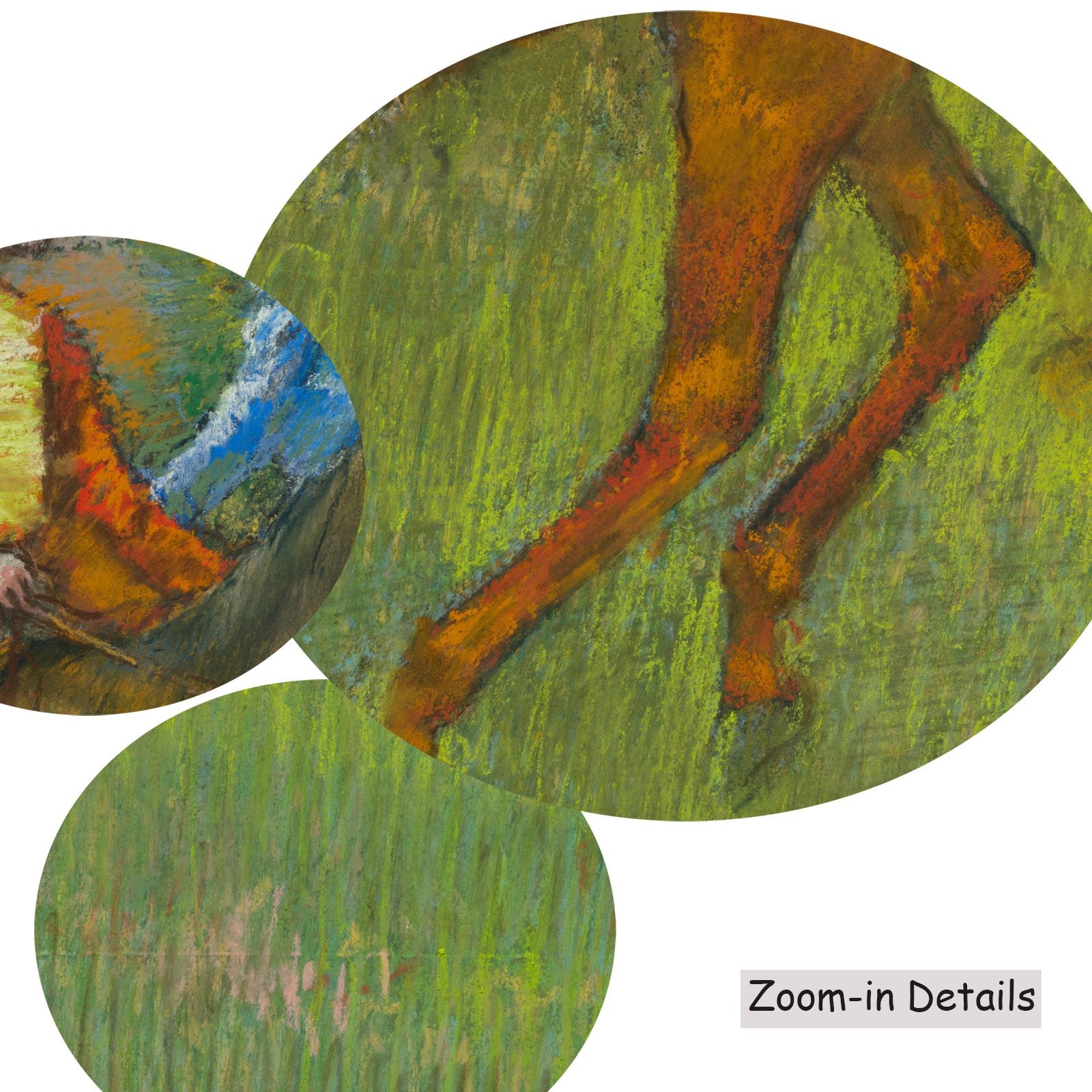 Close-up detail of the brushwork on Before the Race, a large green and brown Impressionist canvas by Edgar Degas
