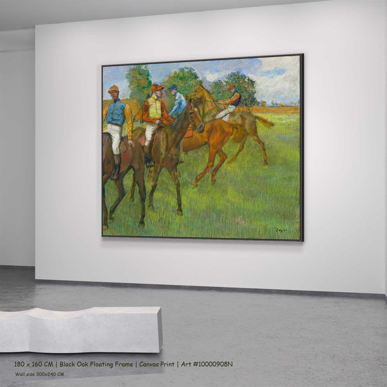 Before the Race by Edgar Degas in a black oak floating frame, large green and brown Impressionist canvas