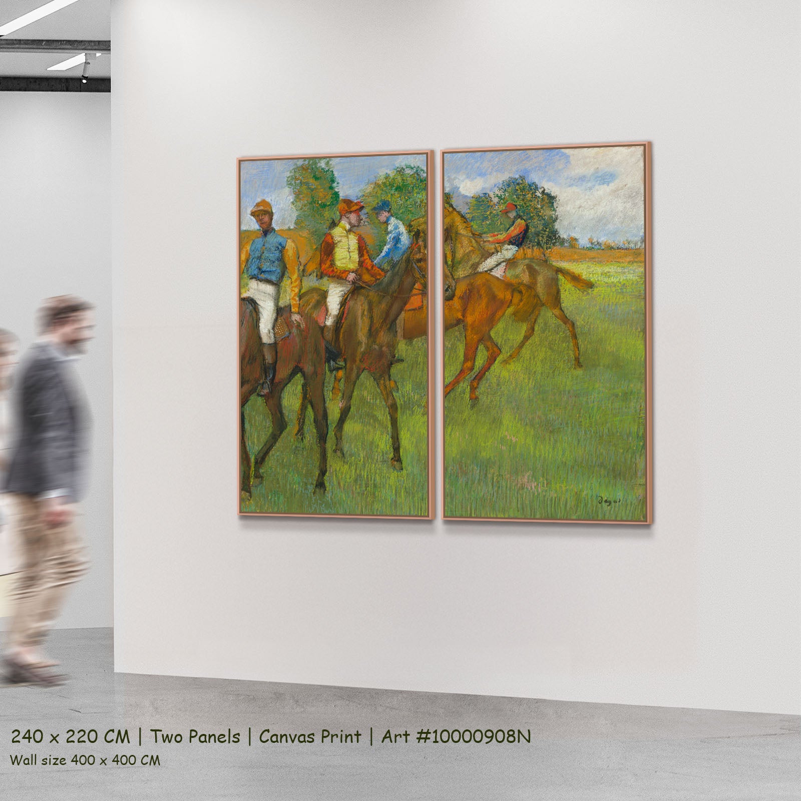 Before the Race by Edgar Degas as a large two-panel green and brown Impressionist canvas set