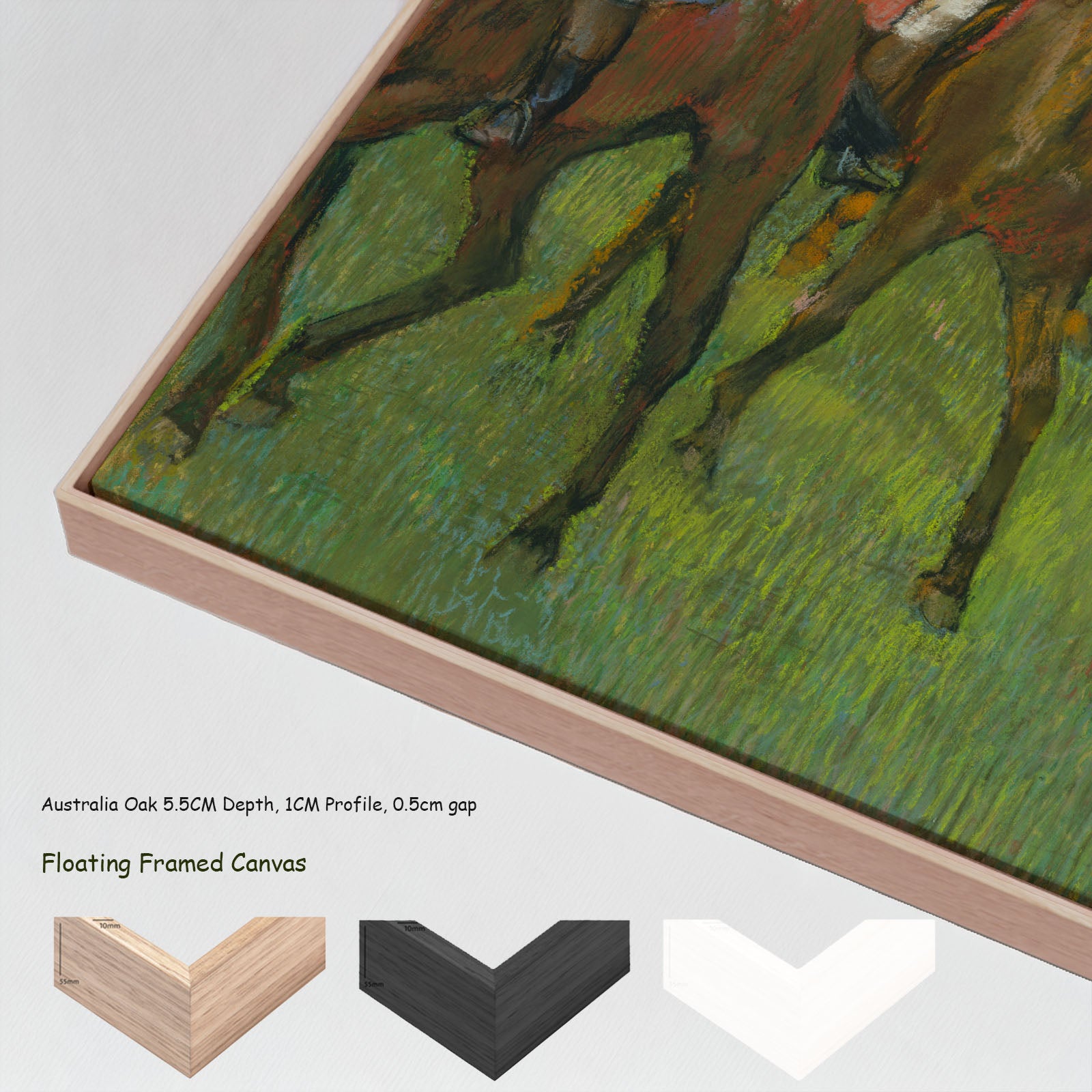 Before the Race by Edgar Degas in a floating frame, large green and brown Impressionist canvas print