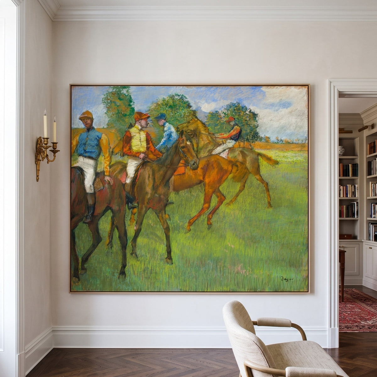 Before the Race by Edgar Degas — large green and brown Impressionist canvas art on a hallway wall