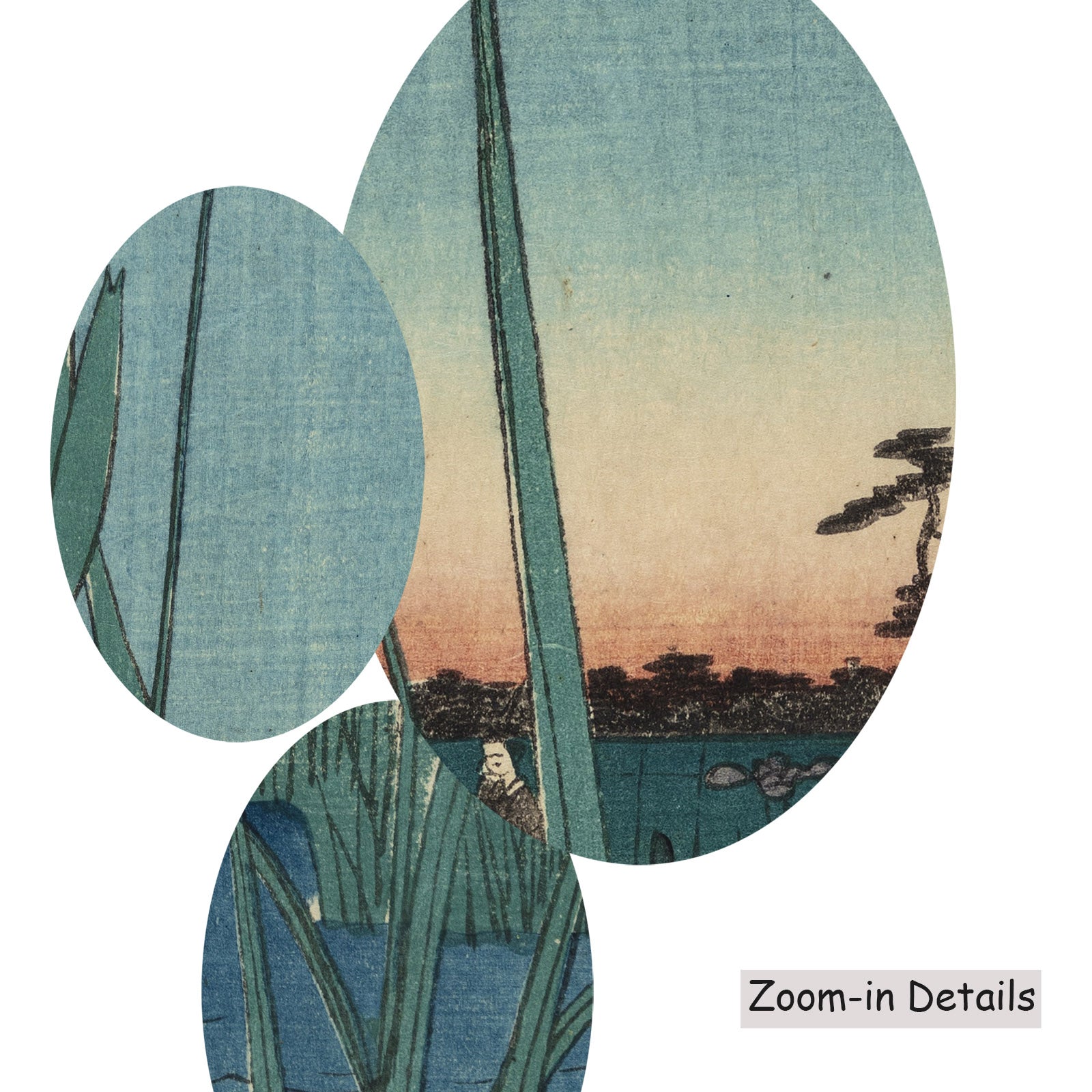 Close-up detail of the brushwork on Horikiri Iris Garden, a large aqua and light blue Japanese canvas by Utagawa Hiroshige I