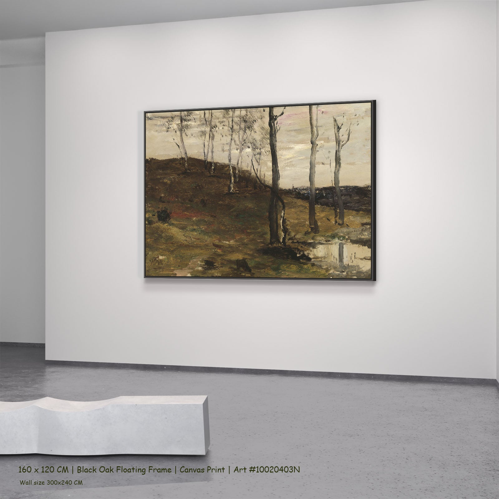 Hillside with Trees by William Morris Hunt in a black oak floating frame, large brown and olive Landscape canvas