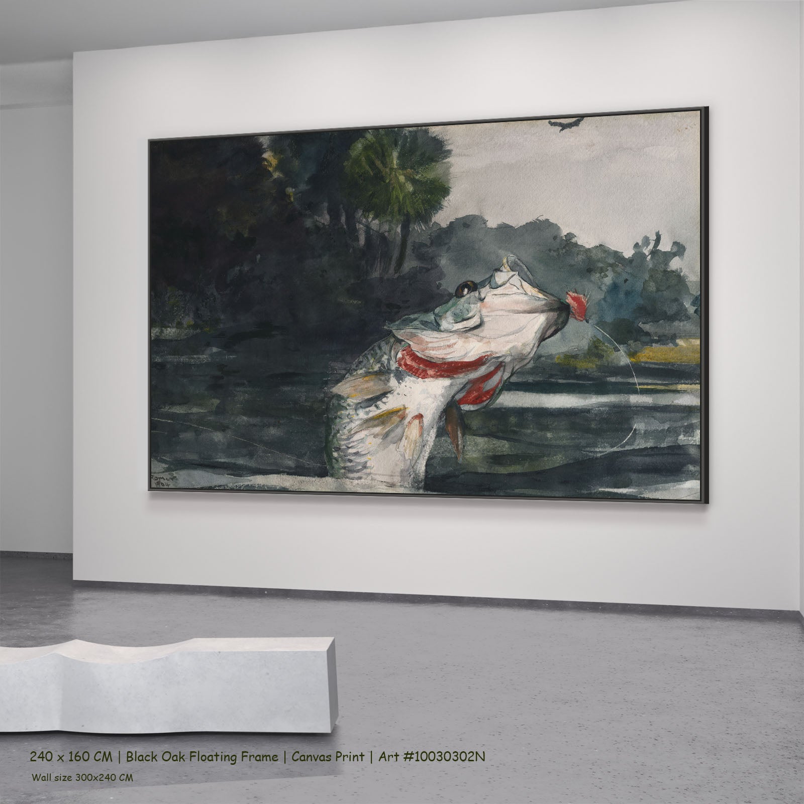 Life-Size Black Bass by Winslow Homer in a black oak floating frame, large green and black Fish canvas