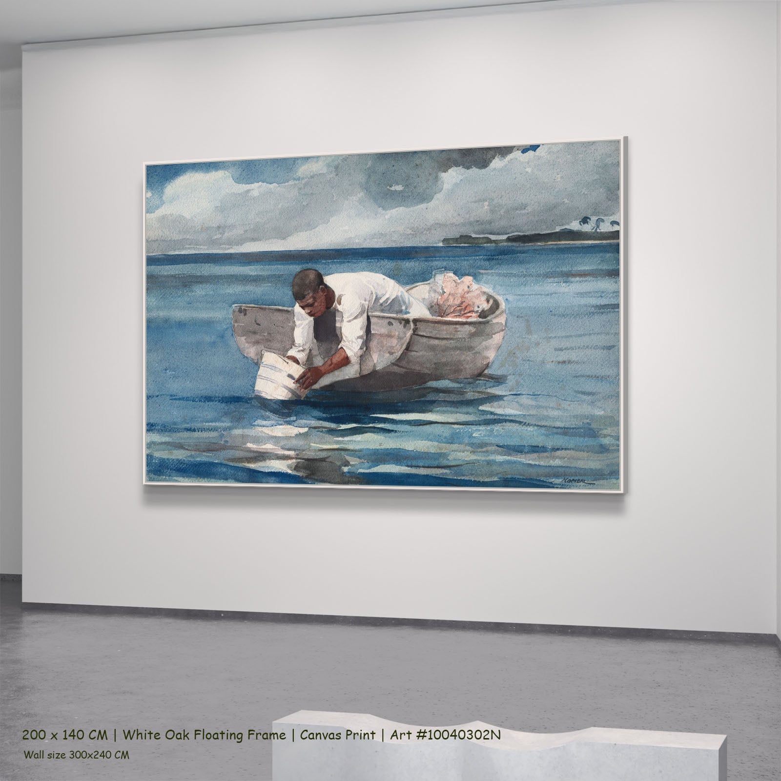 The Water Fan by Winslow Homer in a white oak floating frame, large blue and grey Landscape canvas
