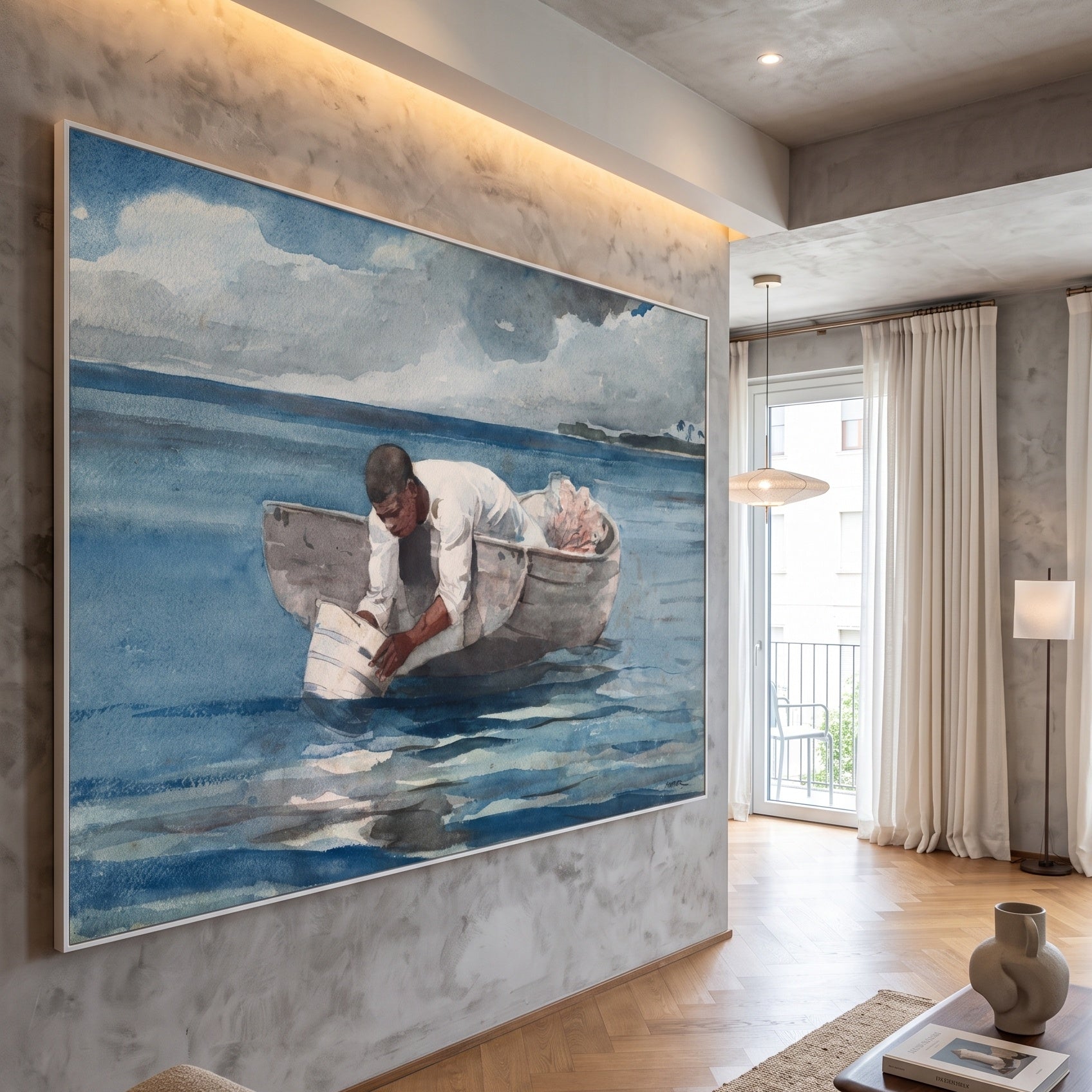 The Water Fan by Winslow Homer — large blue and grey Landscape canvas art displayed on a wall