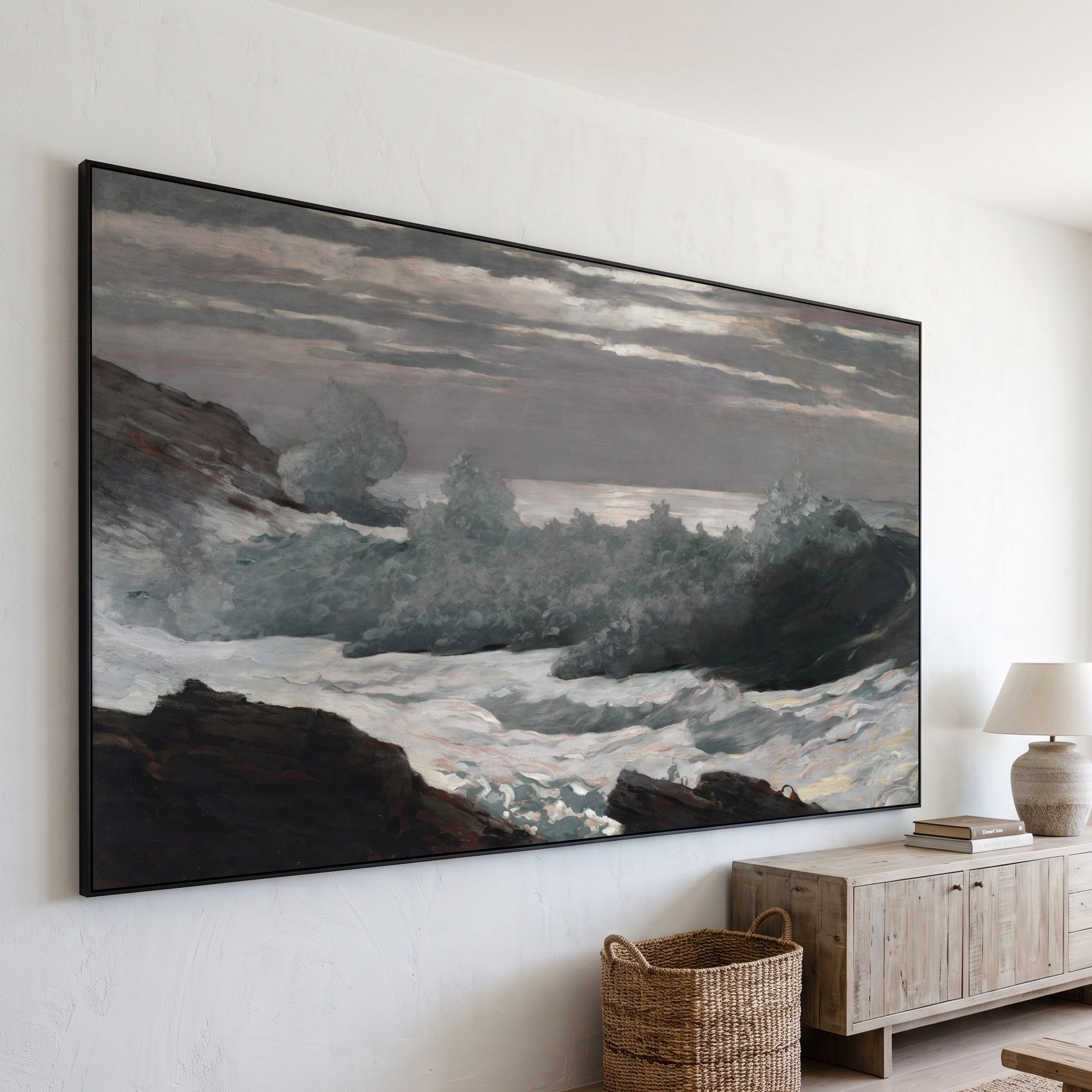 Early Morning After a Storm at by Winslow Homer — large green and brown Landscape canvas art on a living room wall