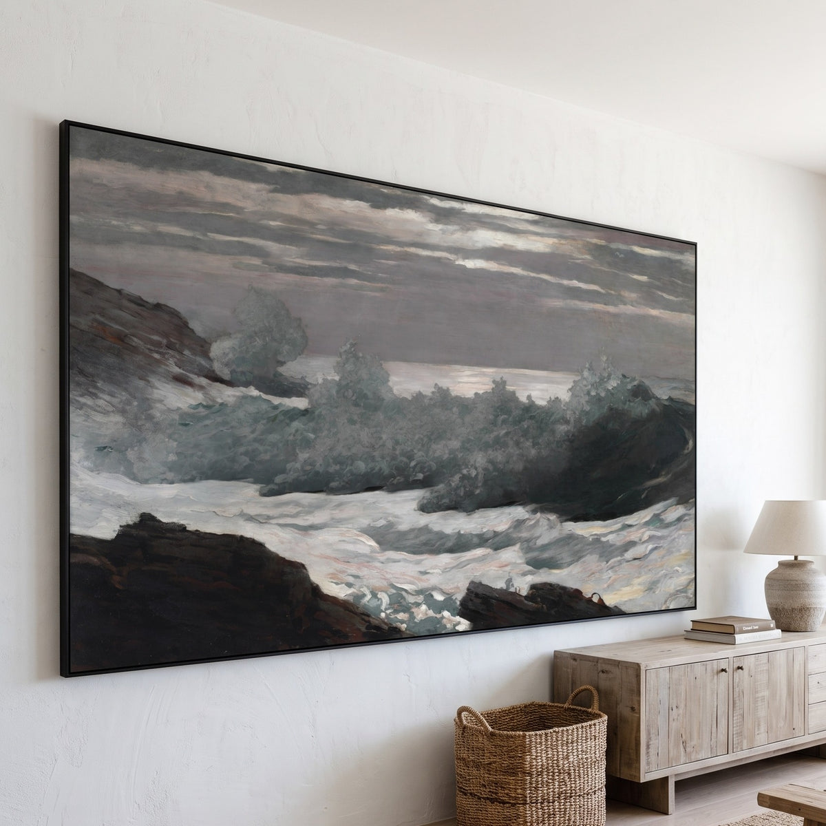 Early Morning After a Storm at by Winslow Homer — large green and brown Landscape canvas art on a living room wall
