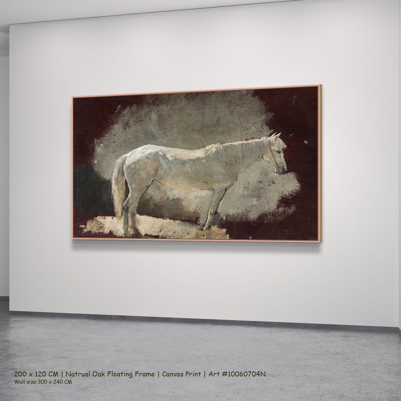 White Mare by Winslow Homer in a natural oak floating frame, large brown and white Horse canvas