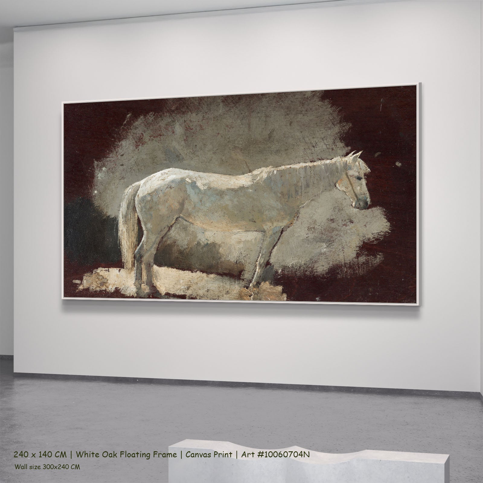 White Mare by Winslow Homer in a white oak floating frame, large brown and white Horse canvas