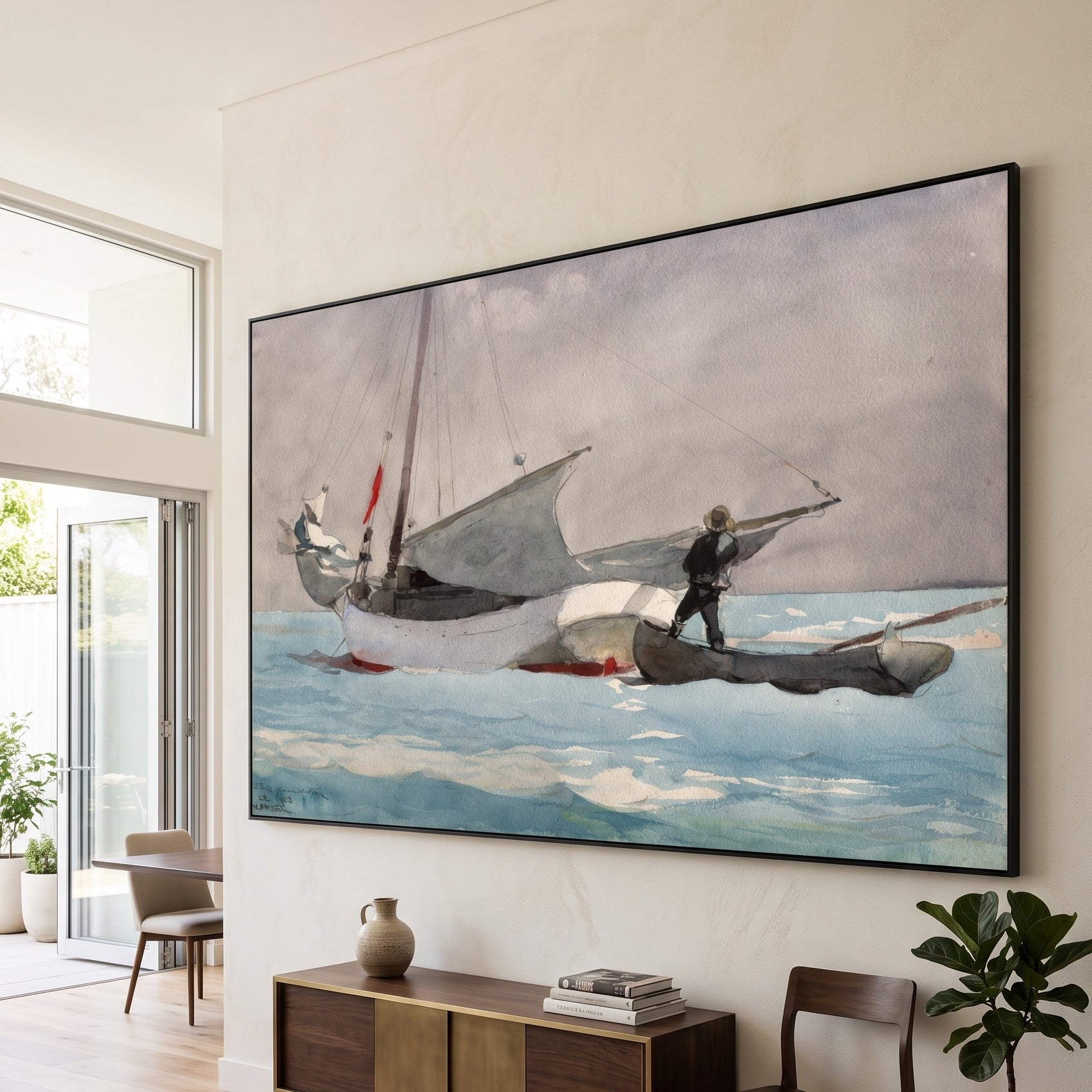 Stowing Sail by Winslow Homer — large light blue and aqua Landscape canvas art displayed on a wall