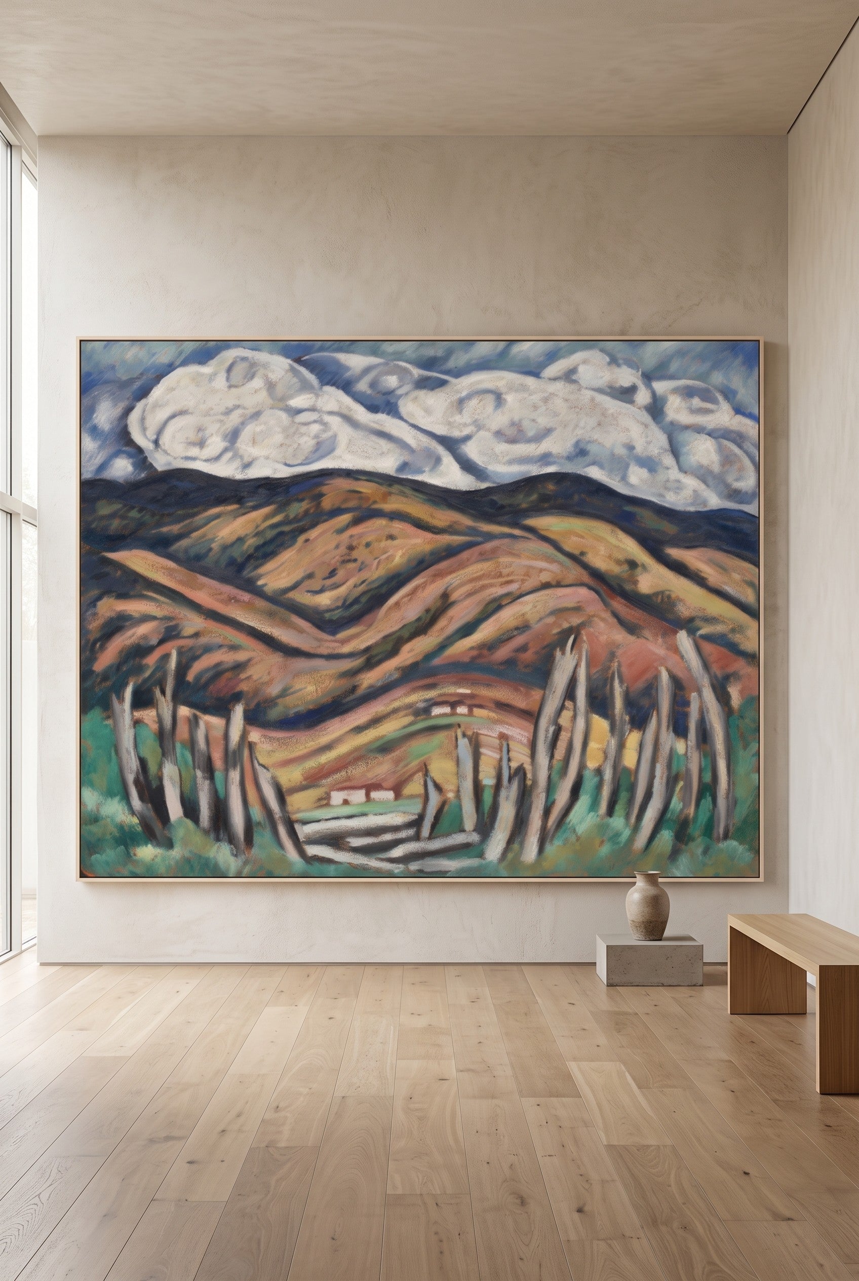 The Last of New England—The Beginning by Marsden Hartley — large brown and green Modern Abstract canvas art on a warm home wall