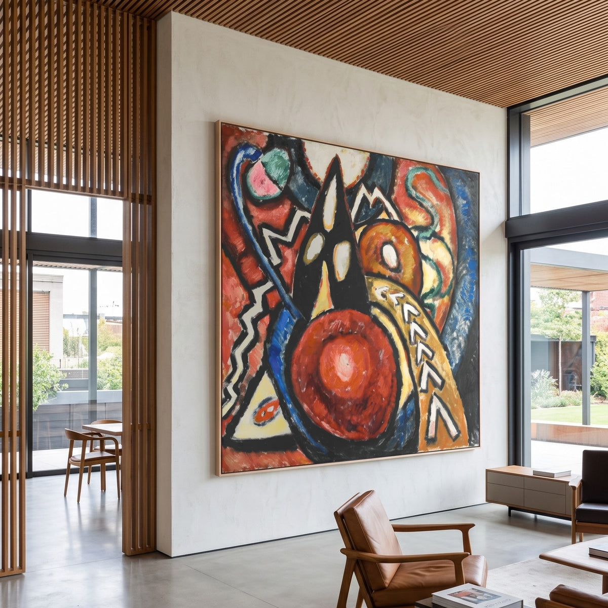 Movement by Marsden Hartley — large red and orange Expressionist Abstract canvas art on a living room wall