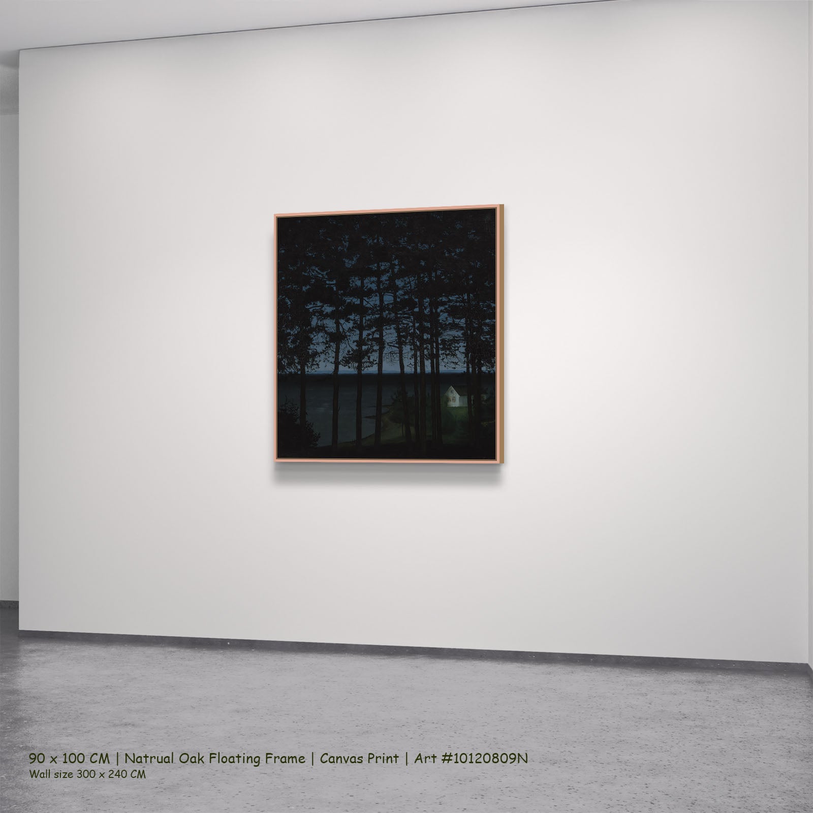 Fisherman's Cottage by Harald Oscar Sohlberg in a natural oak floating frame, large blue and green Landscape canvas