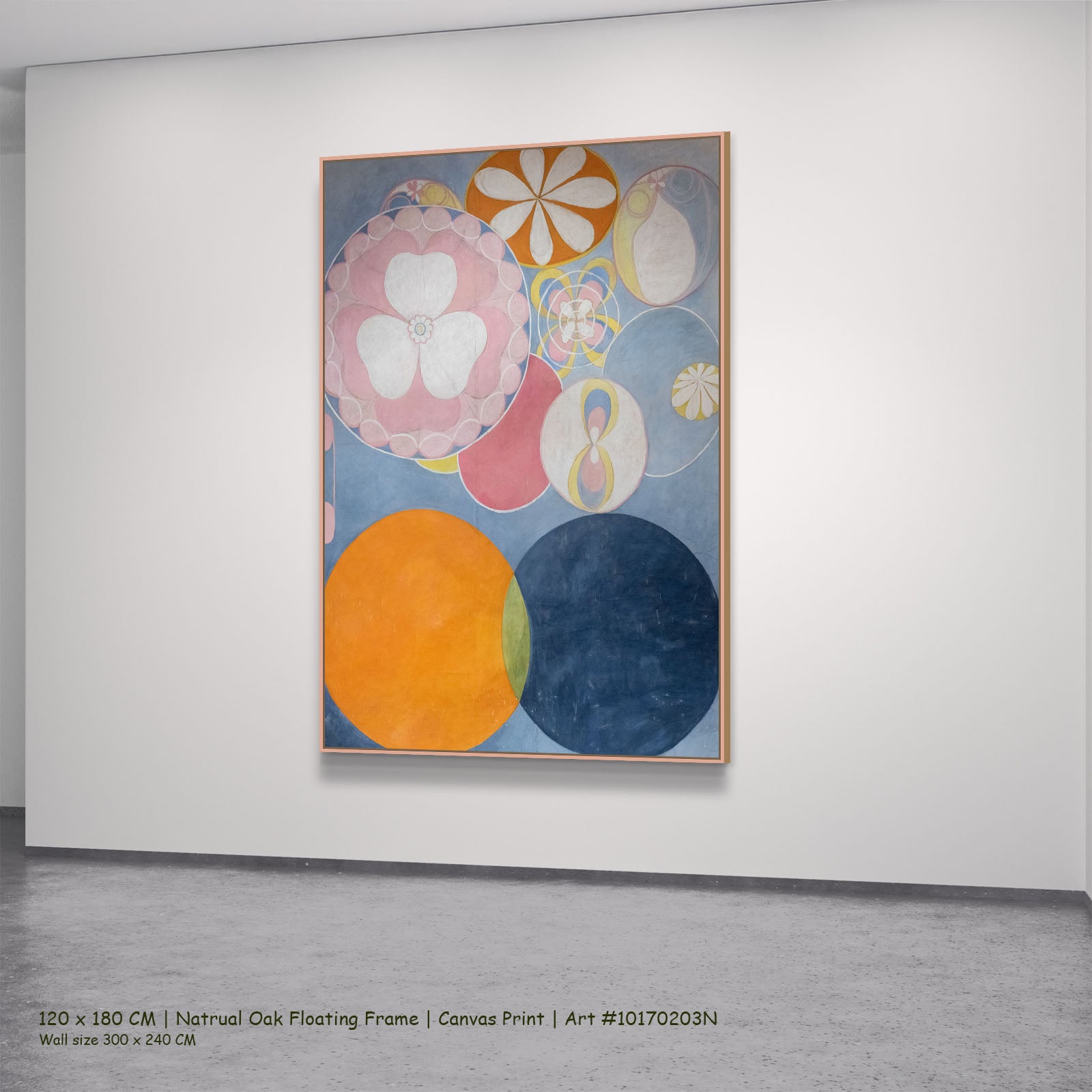 The Ten Largest, No. 2, Childhood by Hilma af Klint in a natural oak floating frame, large light blue and orange Abstract can