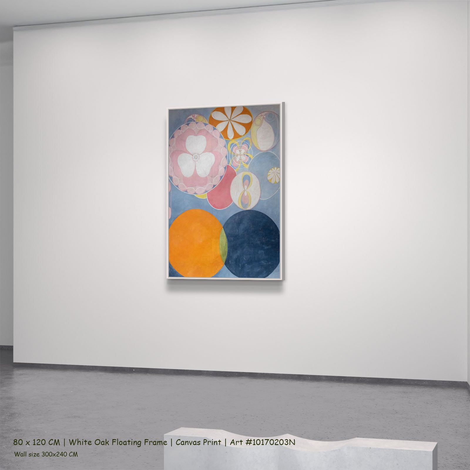 The Ten Largest, No. 2, Childhood by Hilma af Klint in a white oak floating frame, large light blue and orange Abstract canva