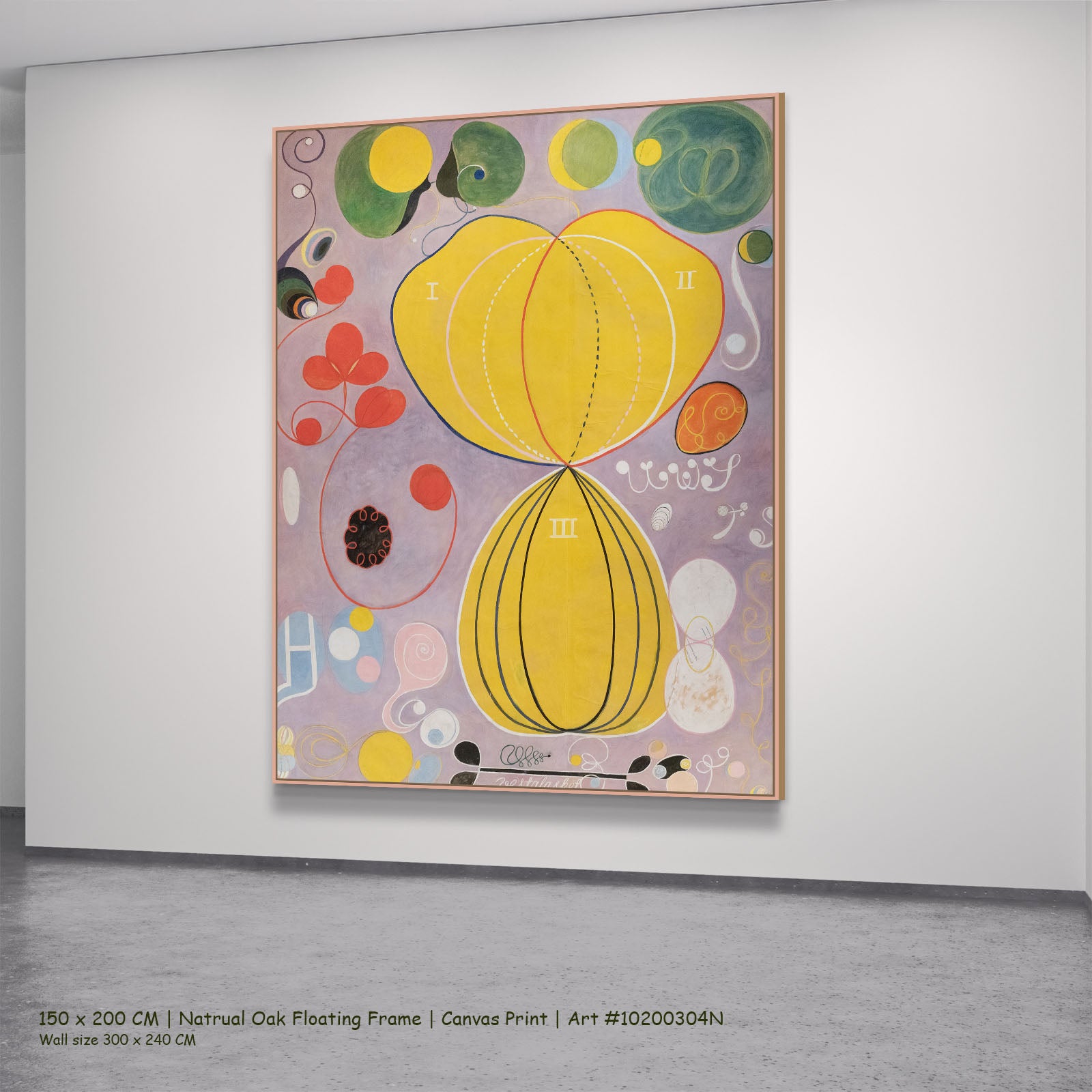 The Ten Largest, No. 7, Adulthood by Hilma af Klint in a natural oak floating frame, large yellow and purple Abstract canvas