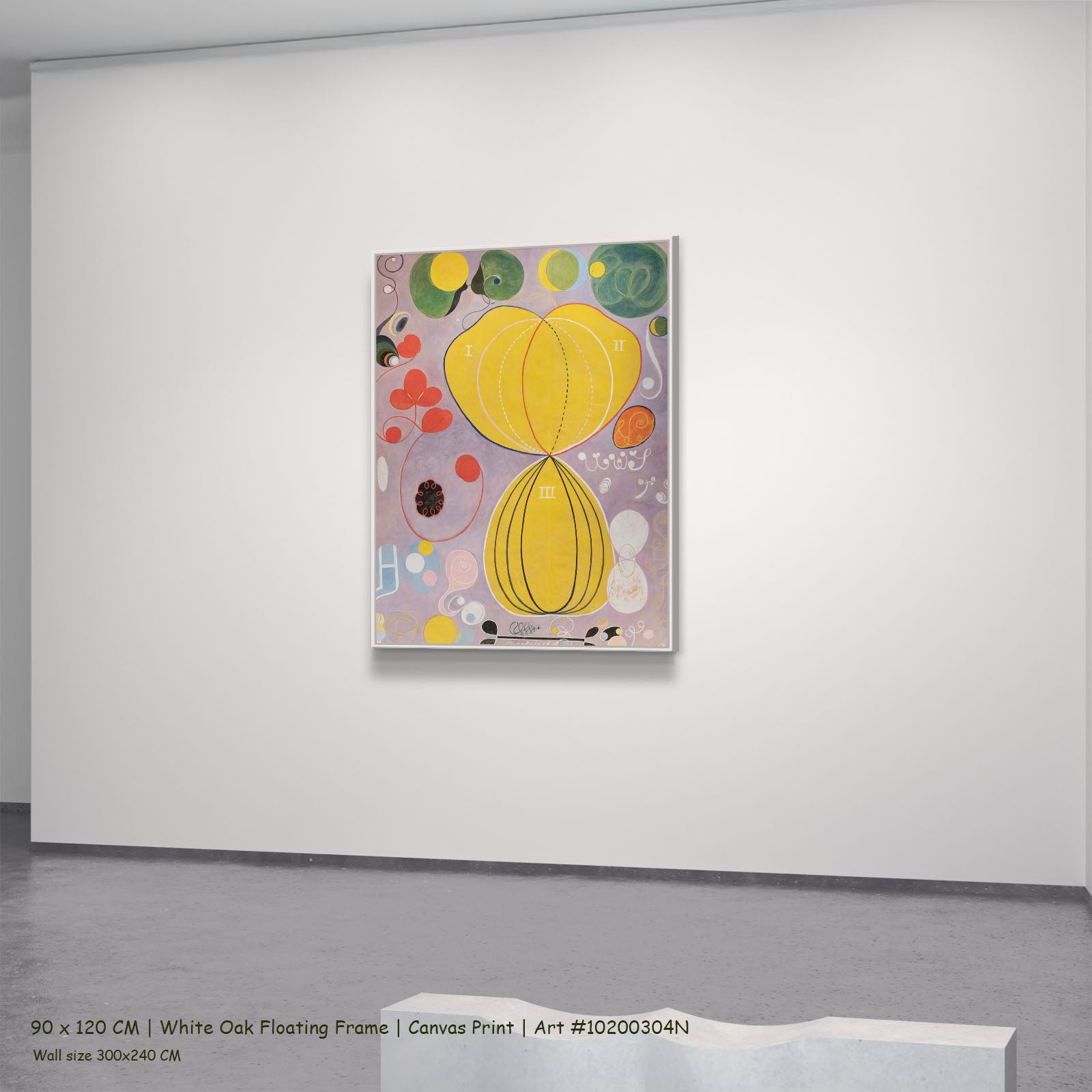 The Ten Largest, No. 7, Adulthood by Hilma af Klint in a white oak floating frame, large yellow and purple Abstract canvas